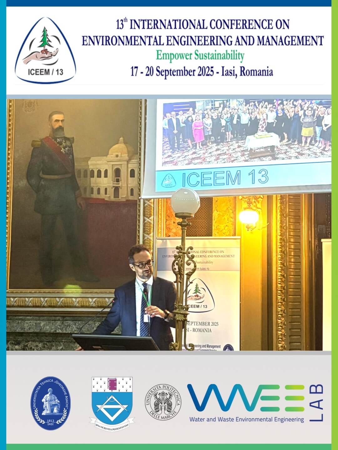 Foto del Prof. Francesco Fatone (UNIVPM, WWEELab) durante la conferenza internazionale ICEEM13 a Iași, Romania, dedicata a ingegneria e gestione ambientale