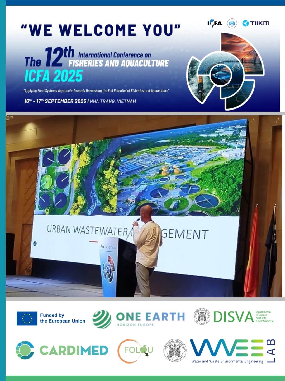 Foto del Prof. Ike Olivotto (UNIVPM) plenary speaker invitato a ICFA 2025 in Vietnam, con presentazione dei progetti europei ONE EARTH, CARDIMED e FOLOU