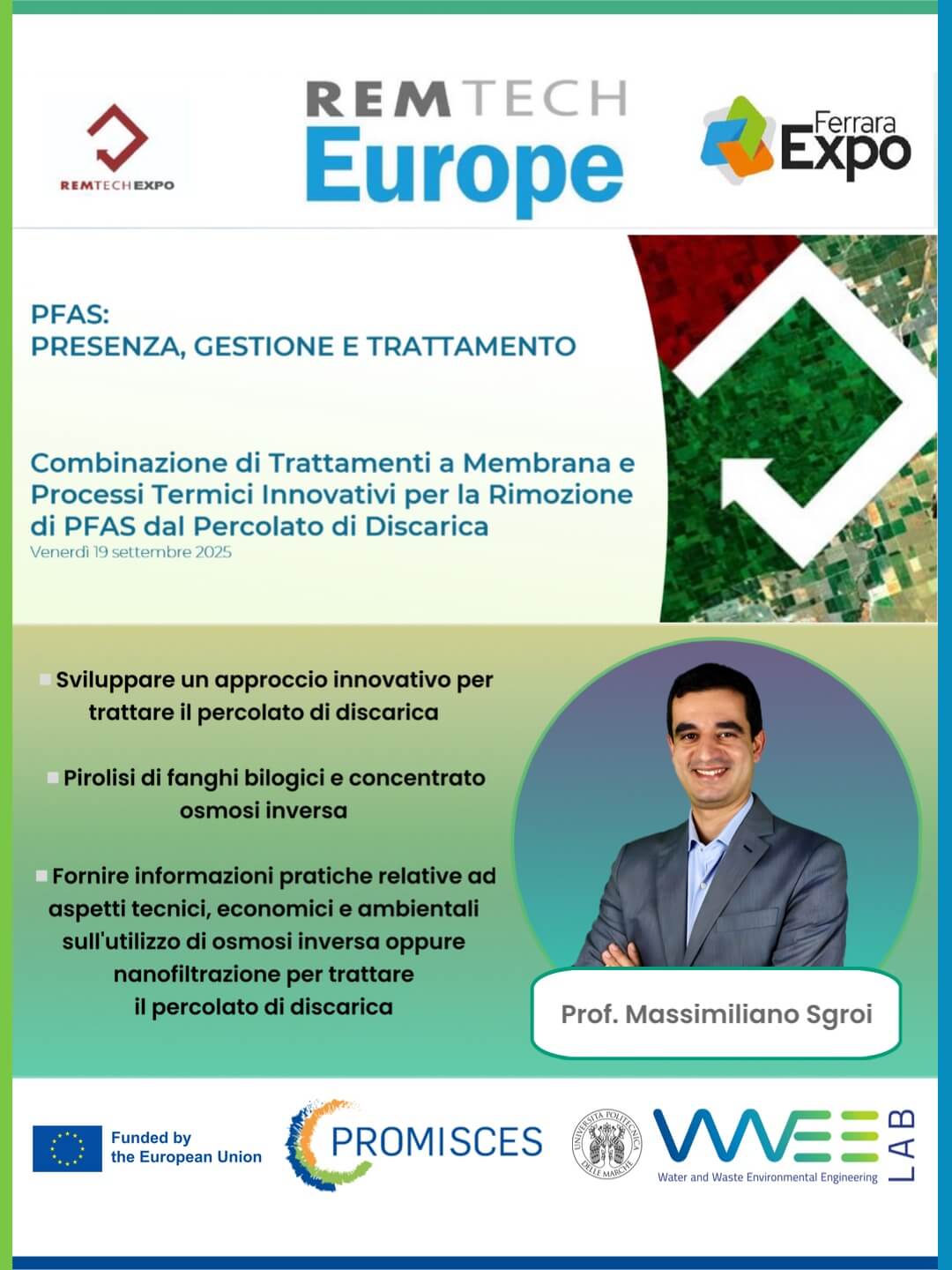 Foto del Prof. Massimiliano Sgroi dell’Università Politecnica delle Marche (WWEELab) durante la sua presentazione a RemTech Europe 2025 sulla rimozione dei PFAS dal percolato di discarica