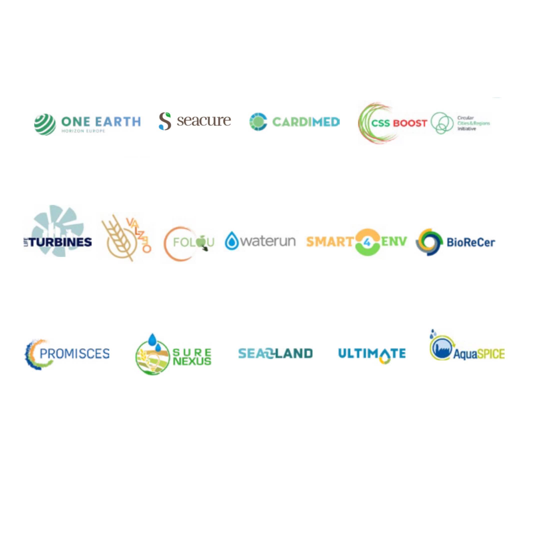 Loghi dei progetti europei seguiti dal laboratorio WWEELab dell’Università Politecnica delle Marche, tra cui ONE EARTH, SEACURE, CARDIMED, AIMPRESS, CSSBOOST, LIFE TURBINES VALZEO, FOLOU, WATERUN, CIRCULAR BIOCARBON, SMART4ENV, BIORECER, PROMISCES, SURE NEXUS, SEA2LAND, MICROALGAE 4.0, ULTIMATE, AquaSPICE, CENTOUR, AMOCEAB, HYDROUSA, DWC, BLUELAKES, DECOST, FIT4REUSE, BLOOWATER, PROSUMER, SMART-Plant, INTCATCH ed ENERWATER.