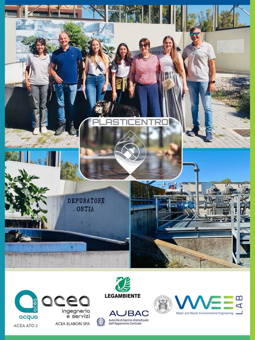 Foto del team WWEELab (UNIVPM) con ACEA presso l’impianto di depurazione Ostia per il progetto Plasticentro dedicato al monitoraggio delle microplastiche