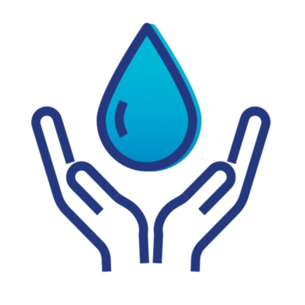 Illustrazione di una mano che raccoglie una goccia d’acqua, simbolo del recupero delle risorse nel ciclo idrico urbano, servizio offerto dal WWEELab UNIVPM