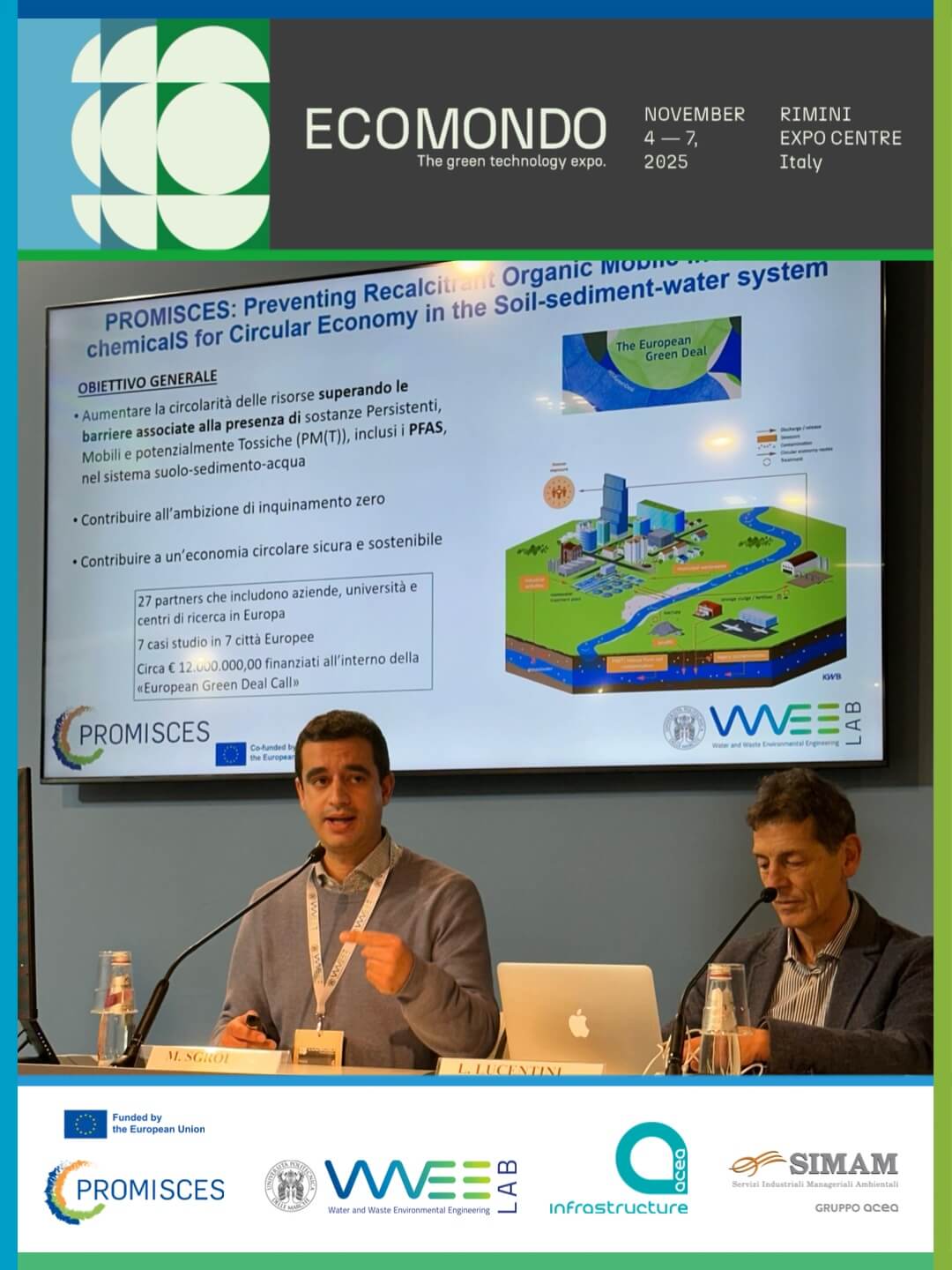 Il Prof. Massimiliano Sgroi e la Dr. Elisa Blumenthal del WWEELab durante i loro interventi a Ecomondo 2025 sulle sessioni PFAS e BioReCer