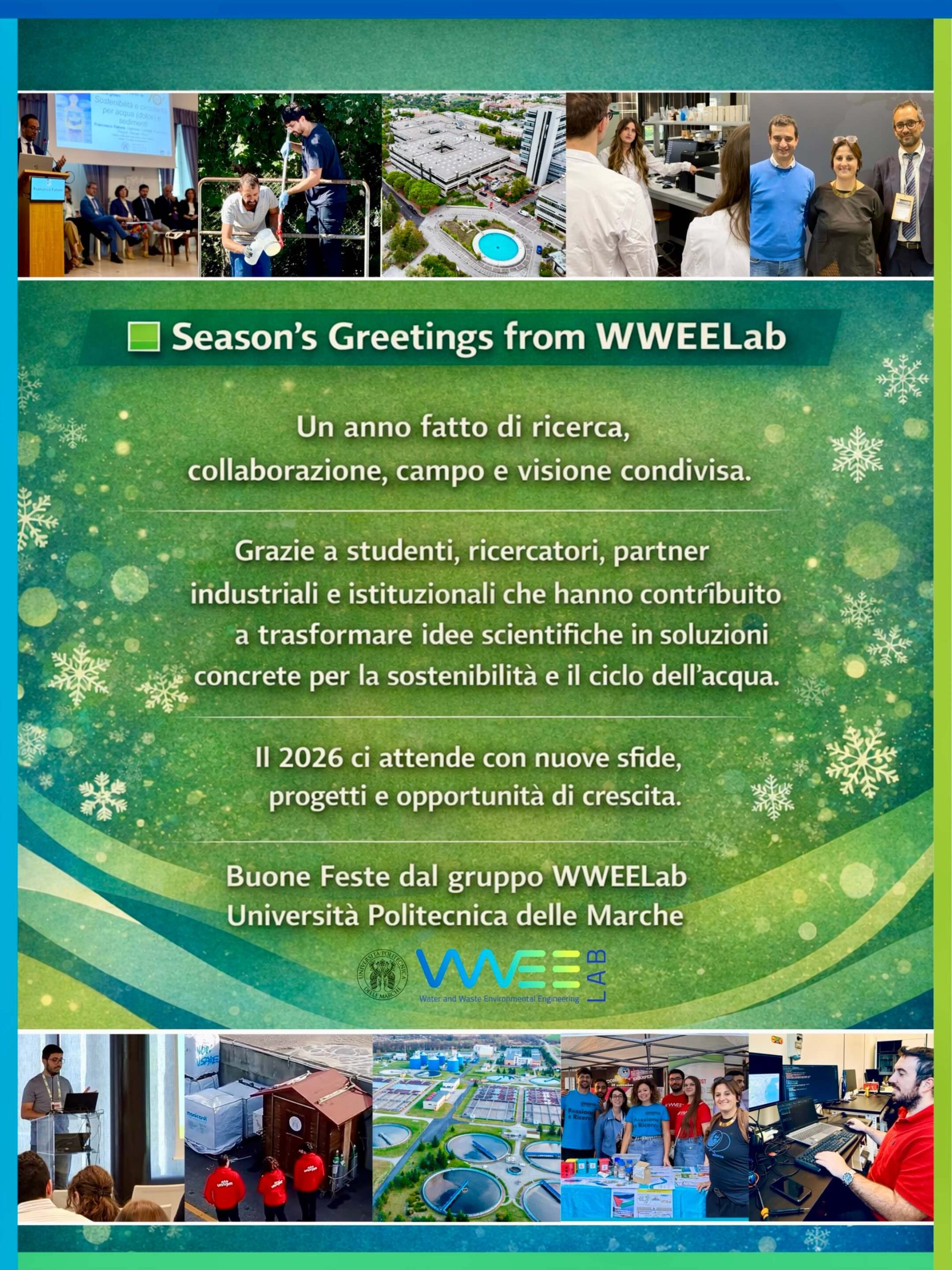 Grafica di auguri di Natale del gruppo WWEELab dell’Università Politecnica delle Marche, dedicata a ricerca, collaborazione e sostenibilità nel ciclo dell’acqua.