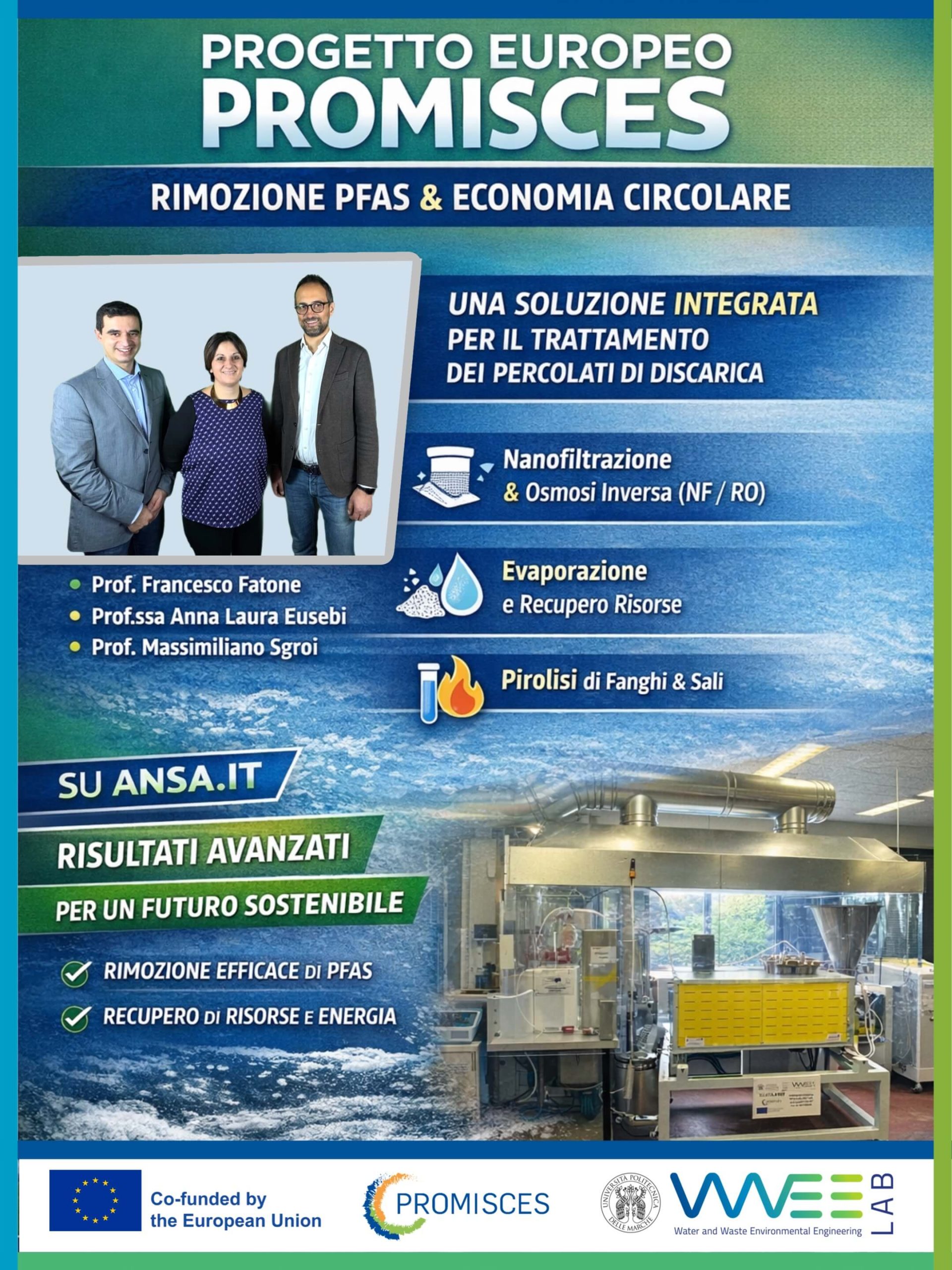 Impianto pilota del progetto europeo PROMISCES citato da ANSA per la rimozione dei PFAS dai percolati di discarica e il recupero di risorse, sviluppato dal WWEELab dell’Università Politecnica delle Marche.