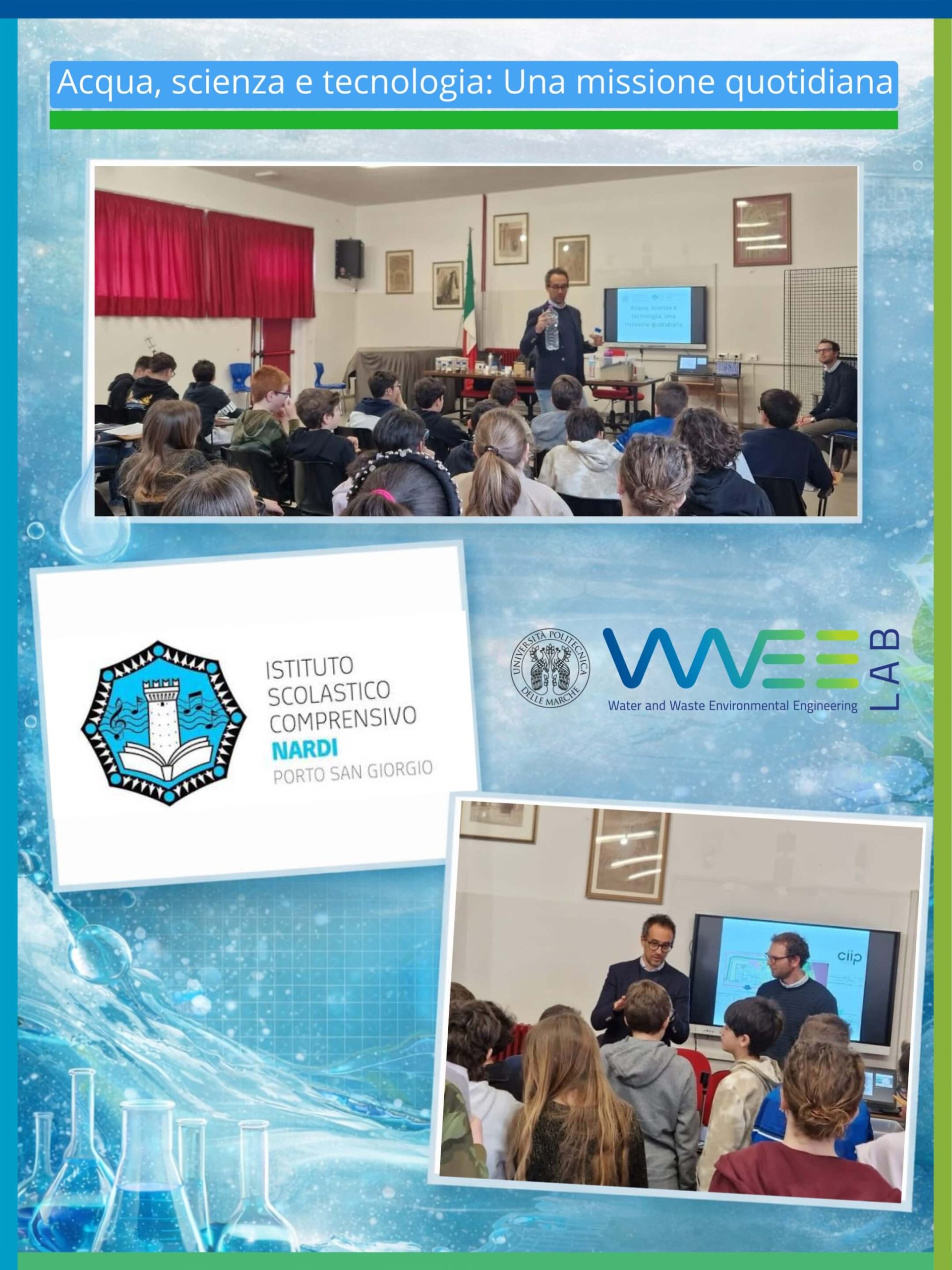 Incontro educativo sull’acqua presso l’Istituto Comprensivo Nardi di Porto San Giorgio con docenti UNIVPM su gestione idrica, sostenibilità e qualità dell’acqua.