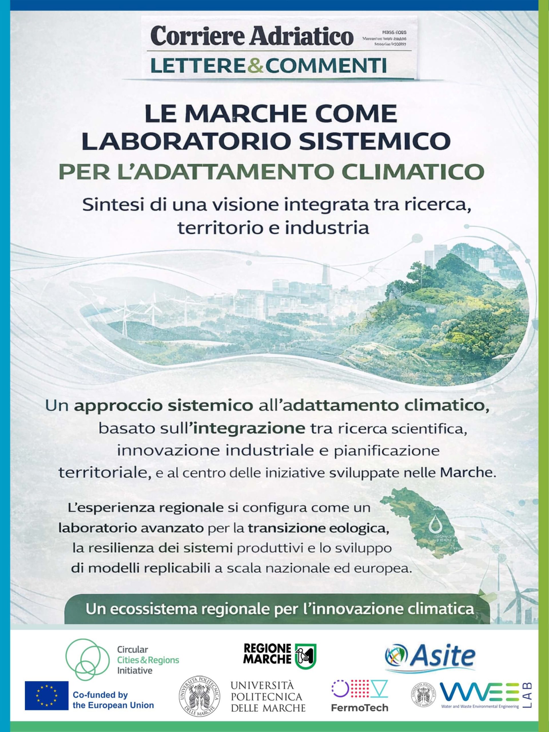 Infografica sul ruolo delle Marche come laboratorio sistemico per l’adattamento climatico con il contributo di UNIVPM, Regione Marche, ASITE, FermoTech e WWEELab.
