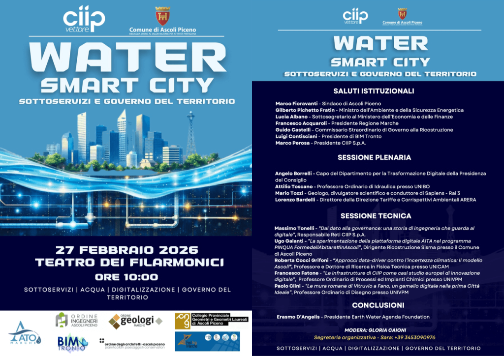 Locandina del convegno Water Smart City 2026 al Teatro dei Filarmonici di Ascoli Piceno su acqua, sottoservizi, digitalizzazione e governo del territorio con relatori istituzionali e accademici.