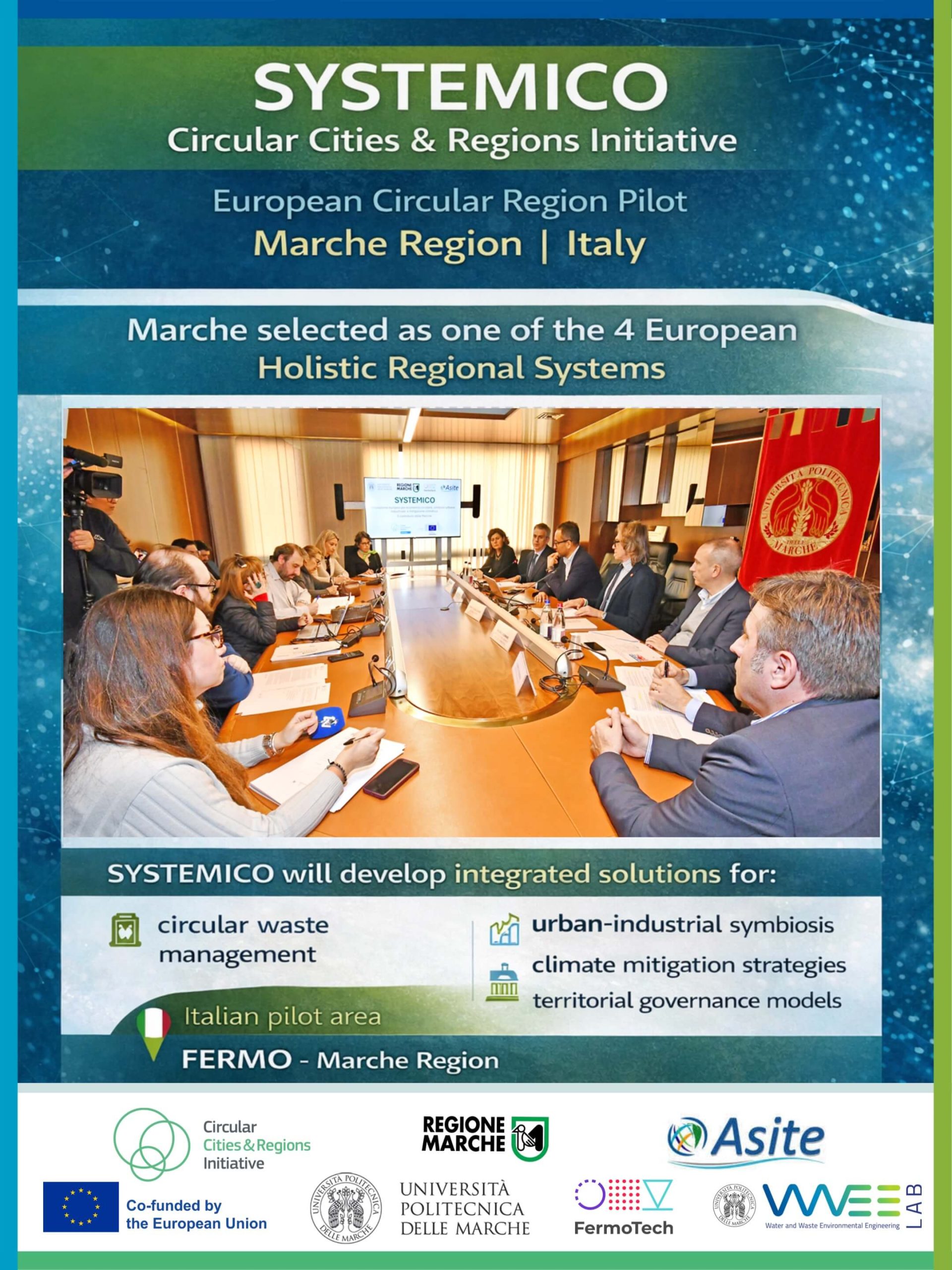 Conferenza di presentazione del progetto europeo SYSTEMICO presso Università Politecnica delle Marche con istituzioni e partner del progetto Horizon Europe per economia circolare e mitigazione climatica nelle Marche.