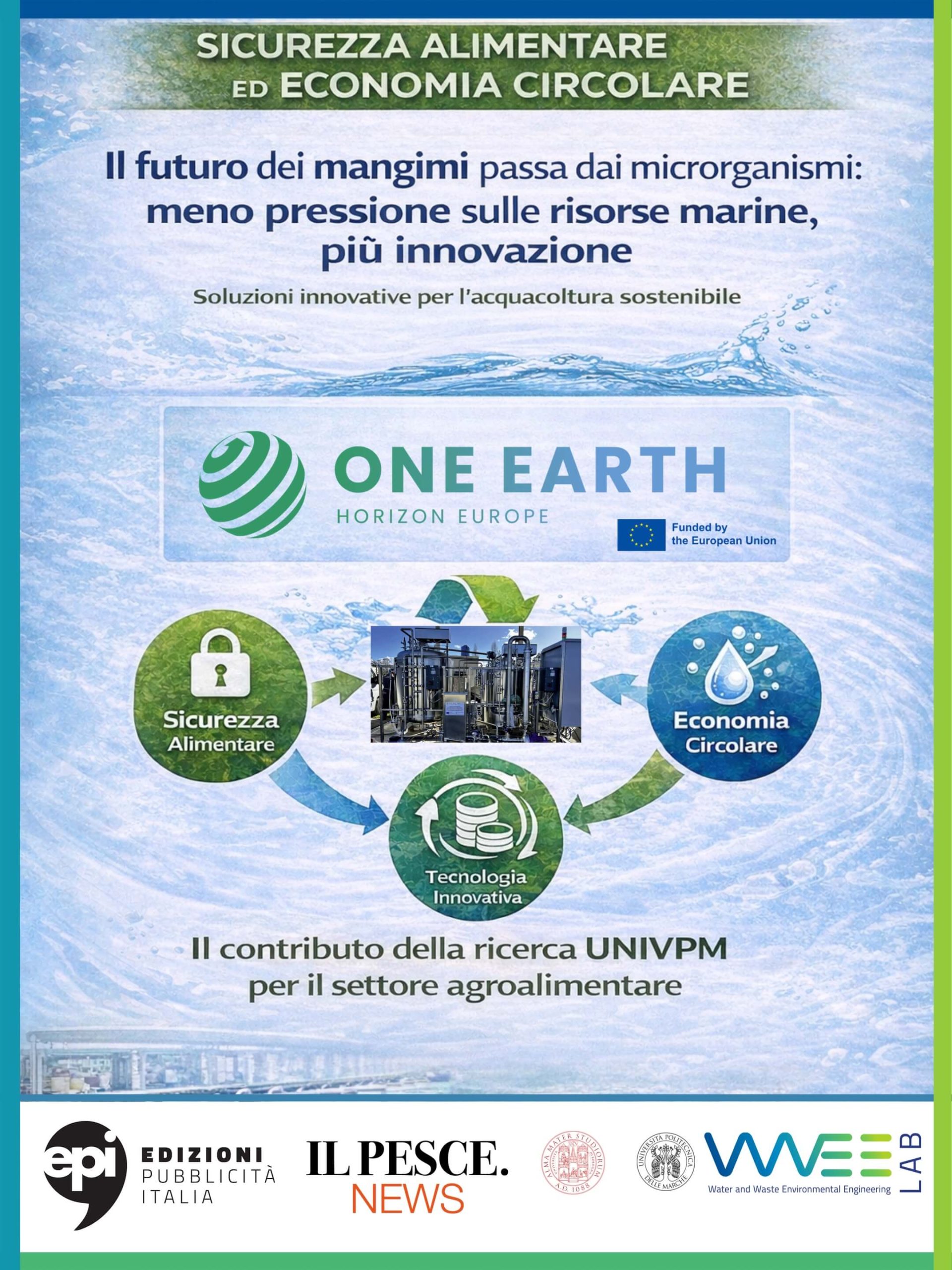 Infografica UNIVPM sul progetto ONE EARTH per mangimi sostenibili in acquacoltura basati su microrganismi