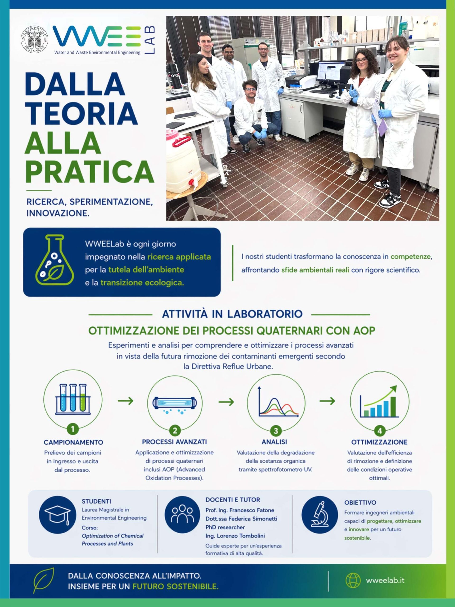 Studenti della Laurea Magistrale in Environmental Engineering durante attività pratica nel laboratorio WWEELab UNIVPM su processi avanzati di trattamento delle acque