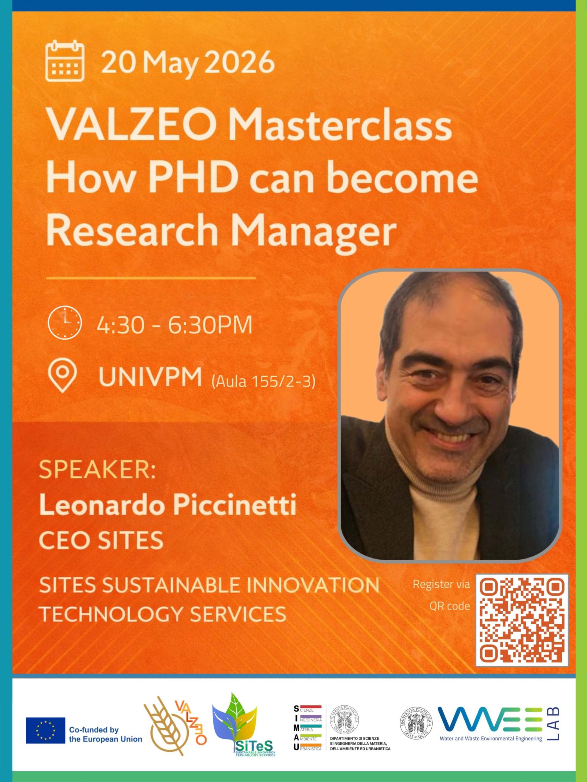 Locandina VALZEO Masterclass a UNIVPM su come trasformare un PhD in una carriera nel Research Management con speaker Leonardo Piccinetti