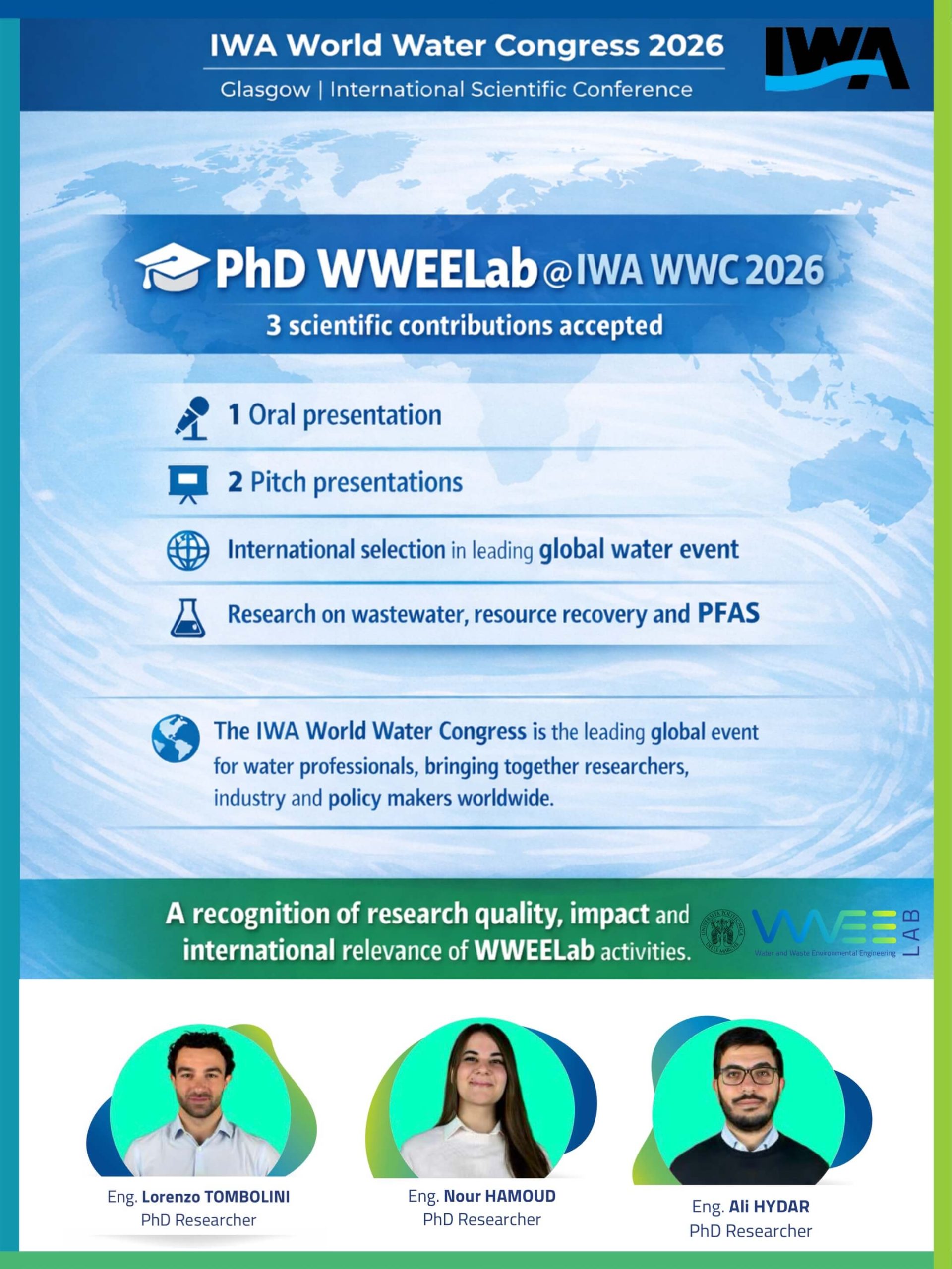 hD WWEELab con tre contributi accettati all’IWA World Water Congress 2026 a Glasgow