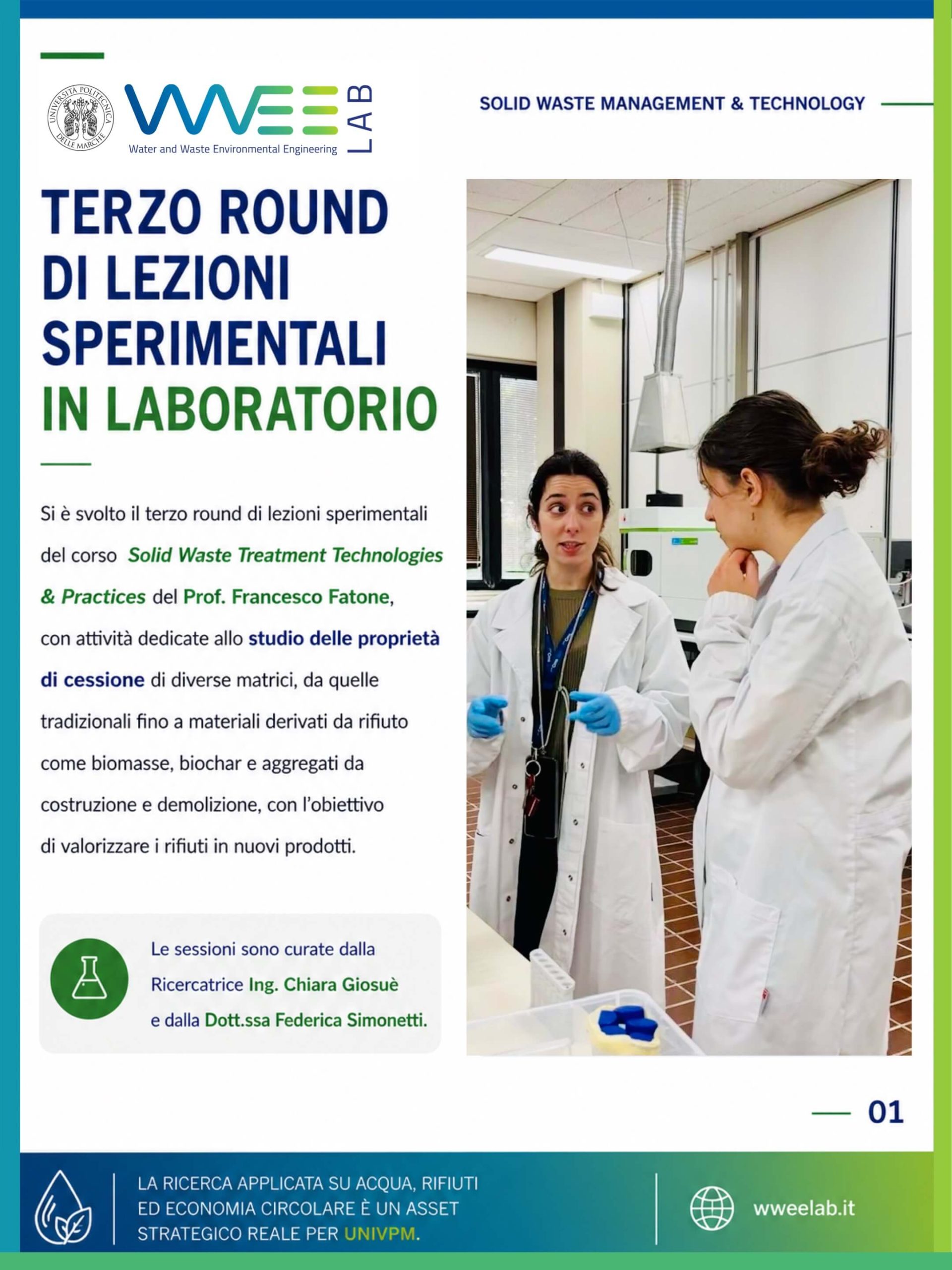 Studenti e ricercatrici WWEELab UNIVPM durante attività sperimentali di laboratorio su leaching test, biochar e caratterizzazione di materiali derivati da rifiuti nel corso Solid Waste Treatment Technologies & Practices.