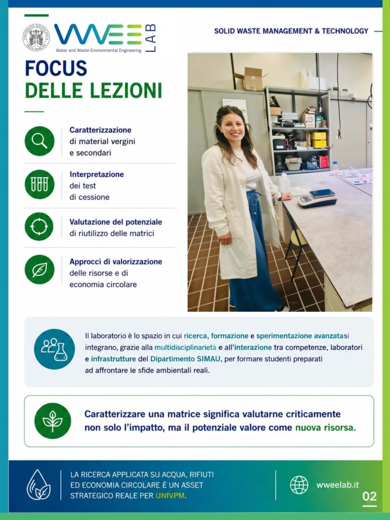 Studenti e ricercatrici WWEELab UNIVPM durante attività sperimentali di laboratorio su leaching test, biochar e caratterizzazione di materiali derivati da rifiuti nel corso Solid Waste Treatment Technologies & Practices.