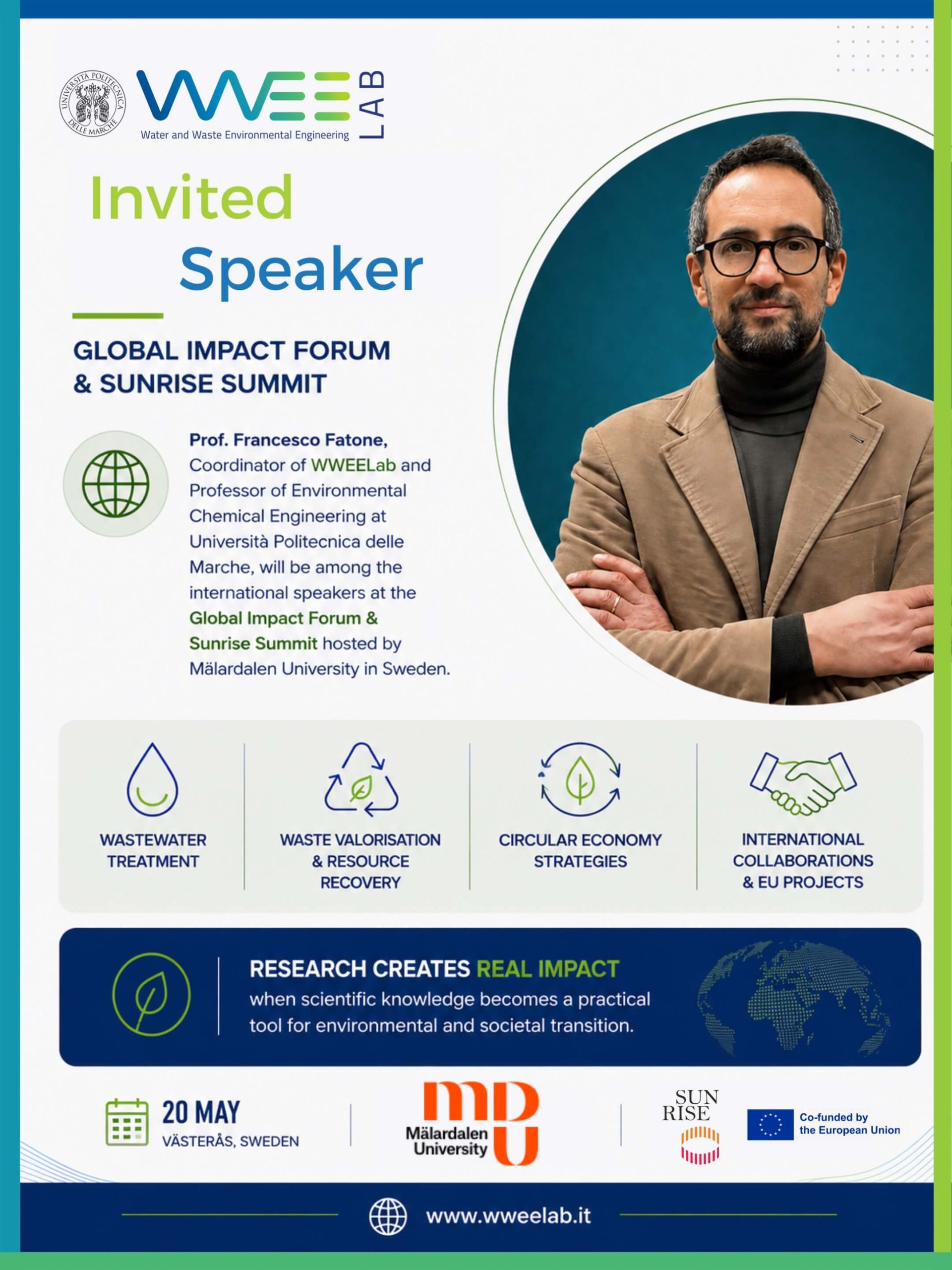 Infografica WWEELab dedicata alla partecipazione del Prof. Francesco Fatone come invited speaker al Global Impact Forum & Sunrise Summit presso la Mälardalen University in Svezia.