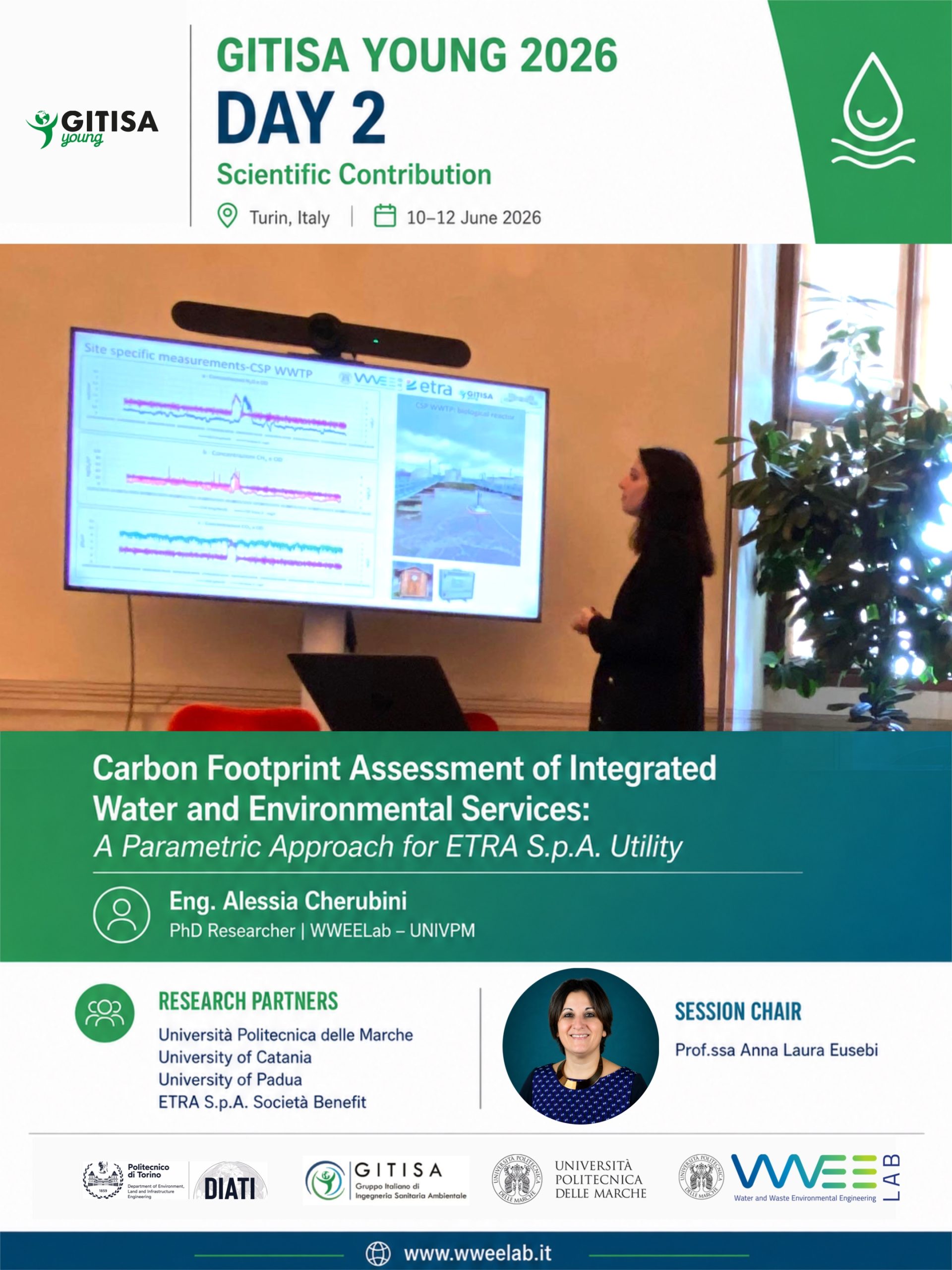 La PhD Researcher Alessia Cherubini durante la presentazione del contributo scientifico sulla valutazione della Carbon Footprint dei servizi idrici e ambientali integrati a GITISA Young 2026, Torino.