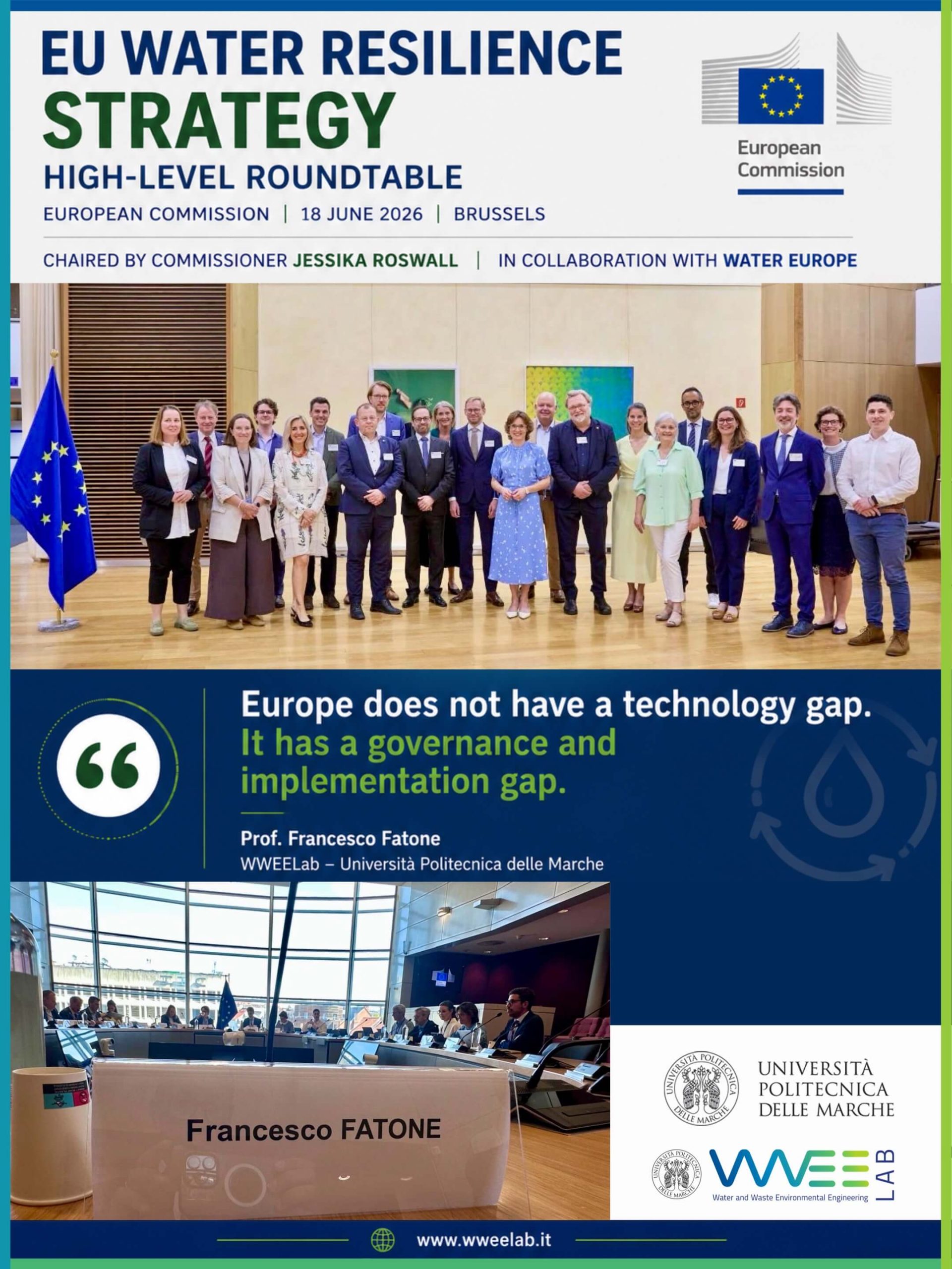 Prof. Francesco Fatone alla High-Level Roundtable della Commissione Europea su Water Resilience e Circular Economy a Bruxelles.