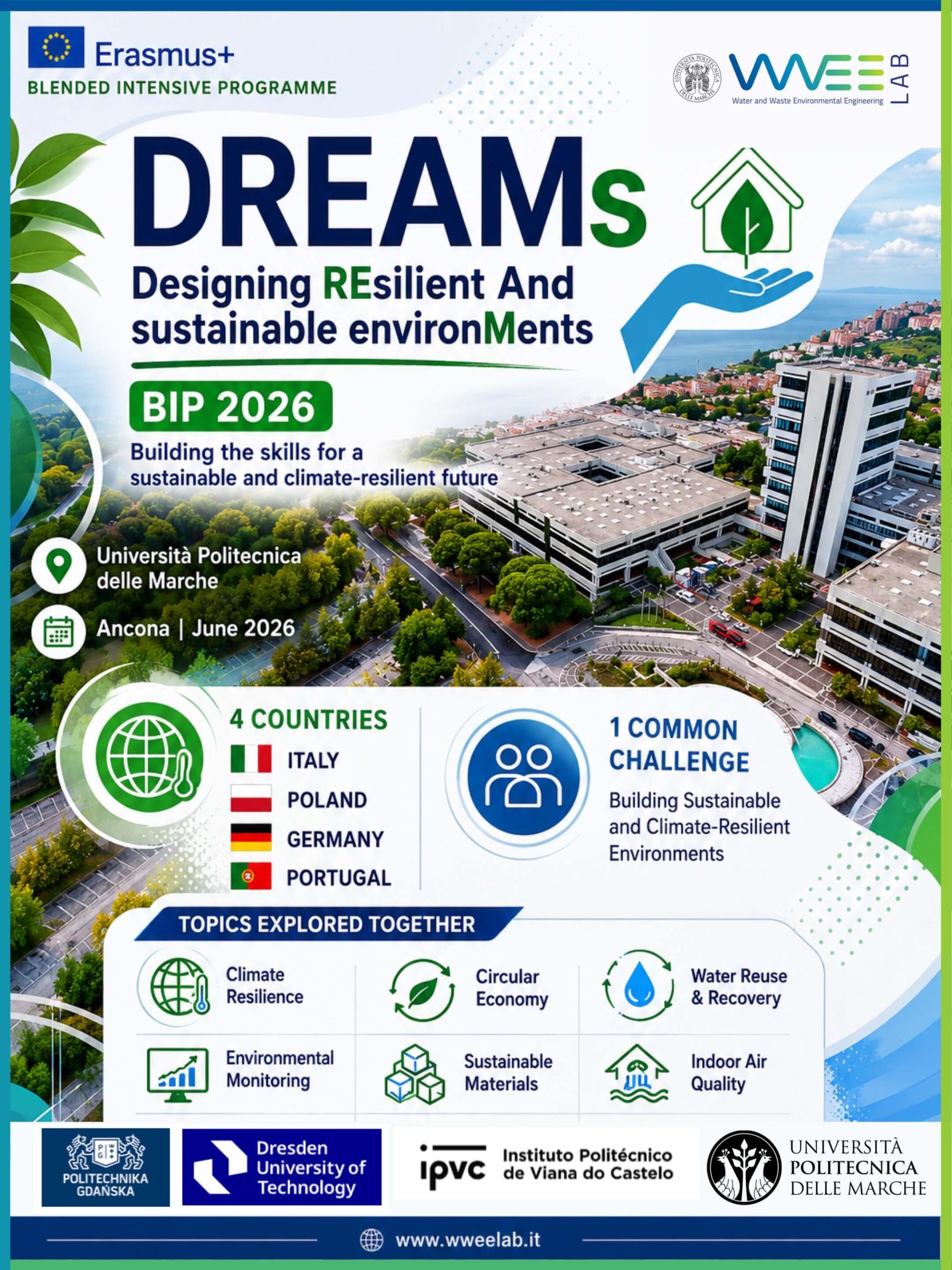 Studenti e docenti europei partecipano al programma Erasmus+ DREAMs BIP 2026 presso l’Università Politecnica delle Marche per approfondire resilienza climatica, sostenibilità ambientale ed economia circolare.
