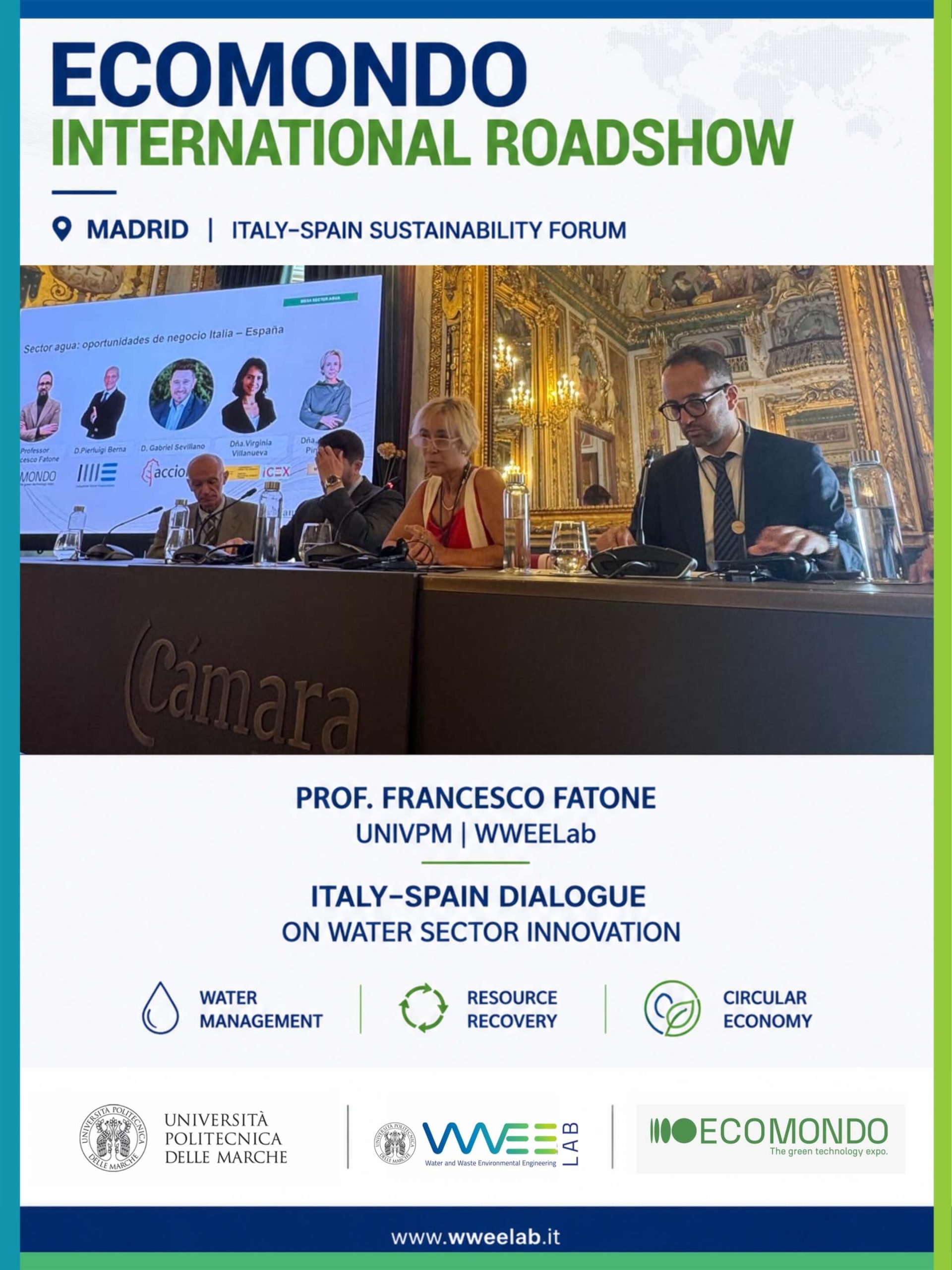 Il Prof. Francesco Fatone durante l’Italy–Spain Sustainability Forum di Madrid nell’ambito dell’International Roadshow di Ecomondo dedicato a innovazione ambientale e settore idrico.