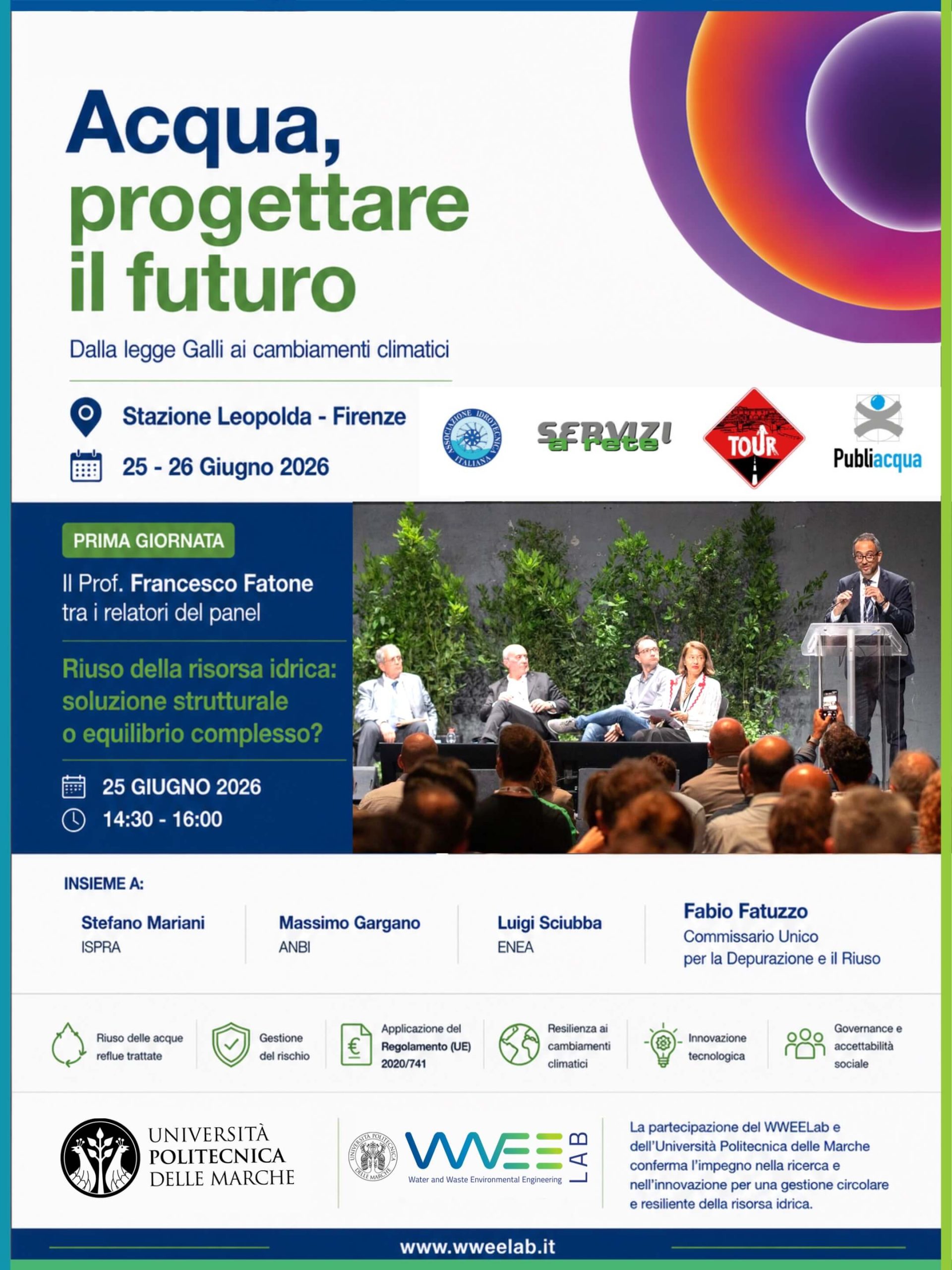 Prof. Francesco Fatone durante il panel sul riuso della risorsa idrica al Servizi a Rete TOUR 2026 presso la Stazione Leopolda di Firenze.