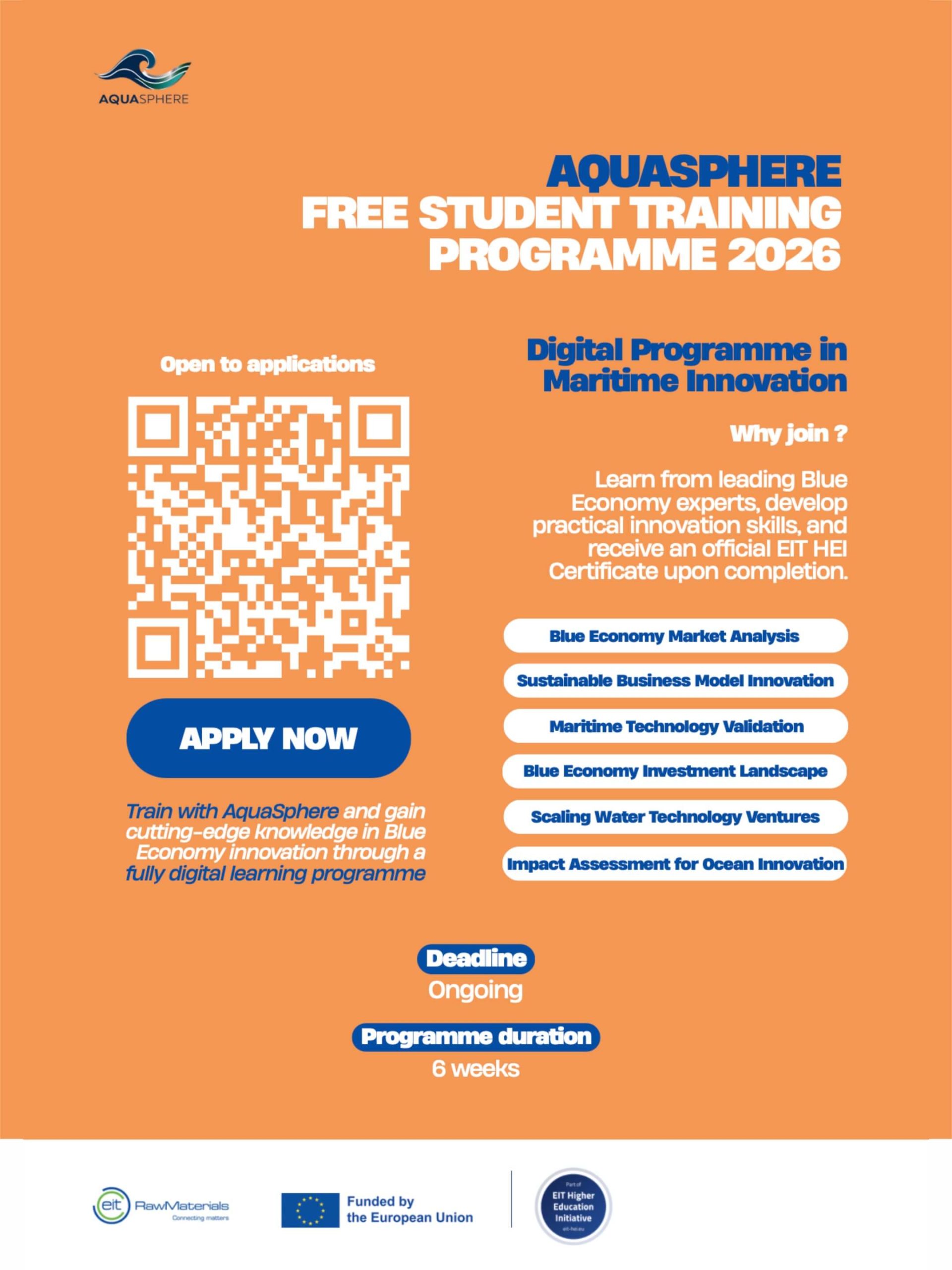 AquaSphere Student Training Programme dedicato alla Blue Economy, alla gestione sostenibile delle risorse idriche e all'innovazione marittima.