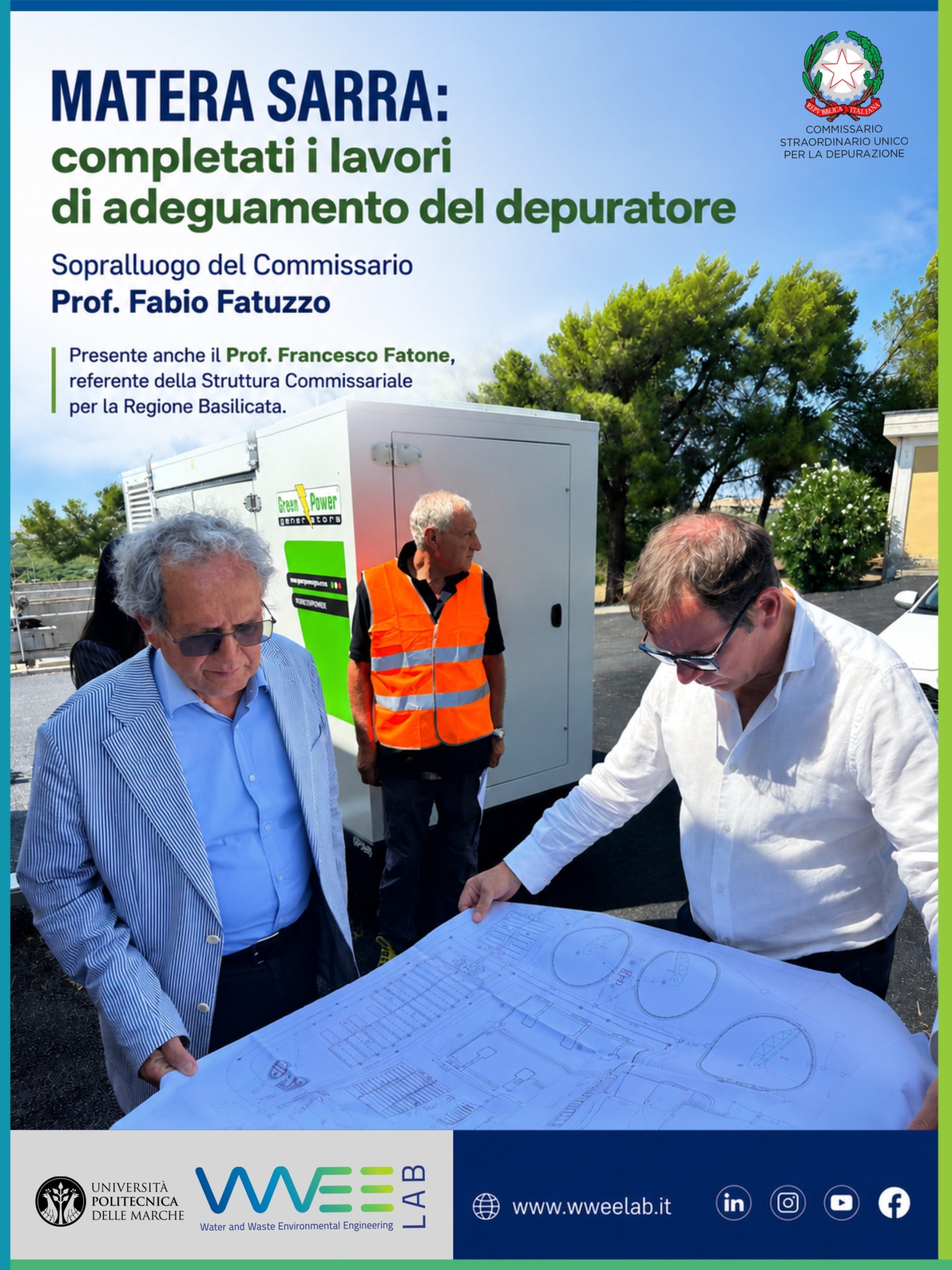 Il Prof. Fabio Fatuzzo e il Prof. Francesco Fatone durante il sopralluogo presso l'impianto di depurazione di Matera Sarra al termine dei lavori di adeguamento.