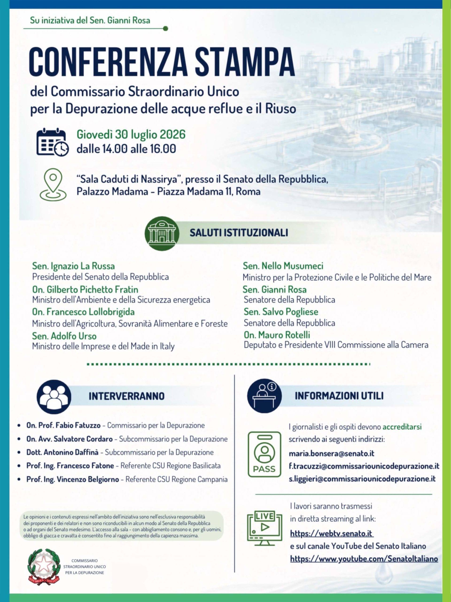 Locandina ufficiale della Conferenza Stampa del Commissario Straordinario Unico per la Depurazione e il Riuso delle Acque Reflue, in programma il 30 luglio 2026 presso il Senato della Repubblica con l'intervento del Prof. Francesco Fatone dell'Università Politecnica delle Marche.