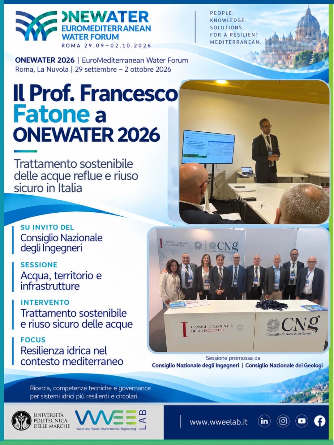 Prof. Francesco Fatone a ONEWATER 2026 durante l’intervento su trattamento sostenibile delle acque reflue e riuso sicuro