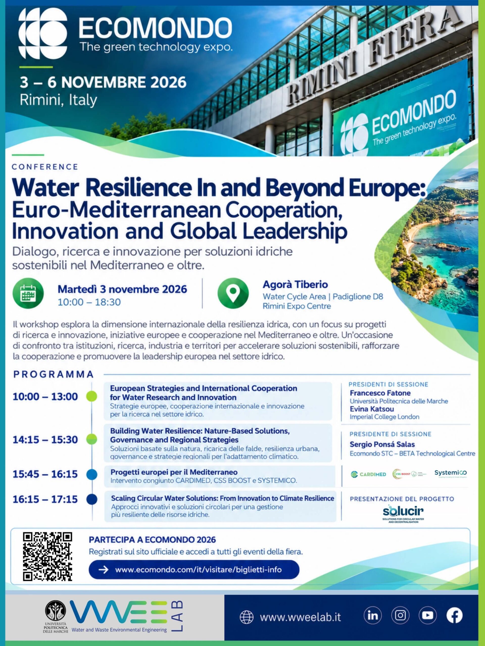 Locandina della conferenza Water Resilience In and Beyond Europe a Ecomondo 2026, organizzata con il contributo di UNIVPM e WWEELab il 3 novembre a Rimini