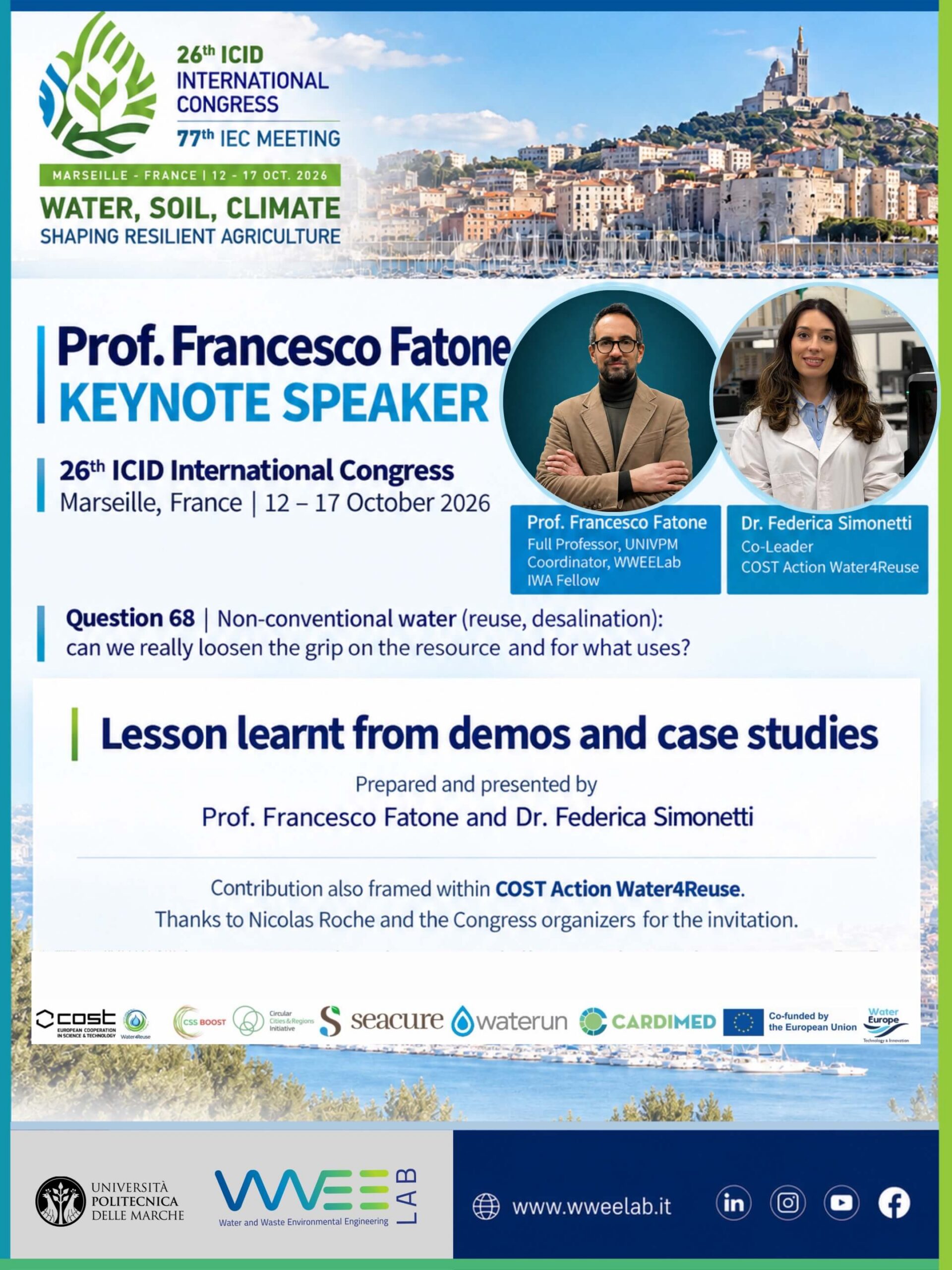 Prof. Francesco Fatone Keynote Speaker al 26th ICID International Congress 2026 di Marsiglia con Dr. Federica Simonetti