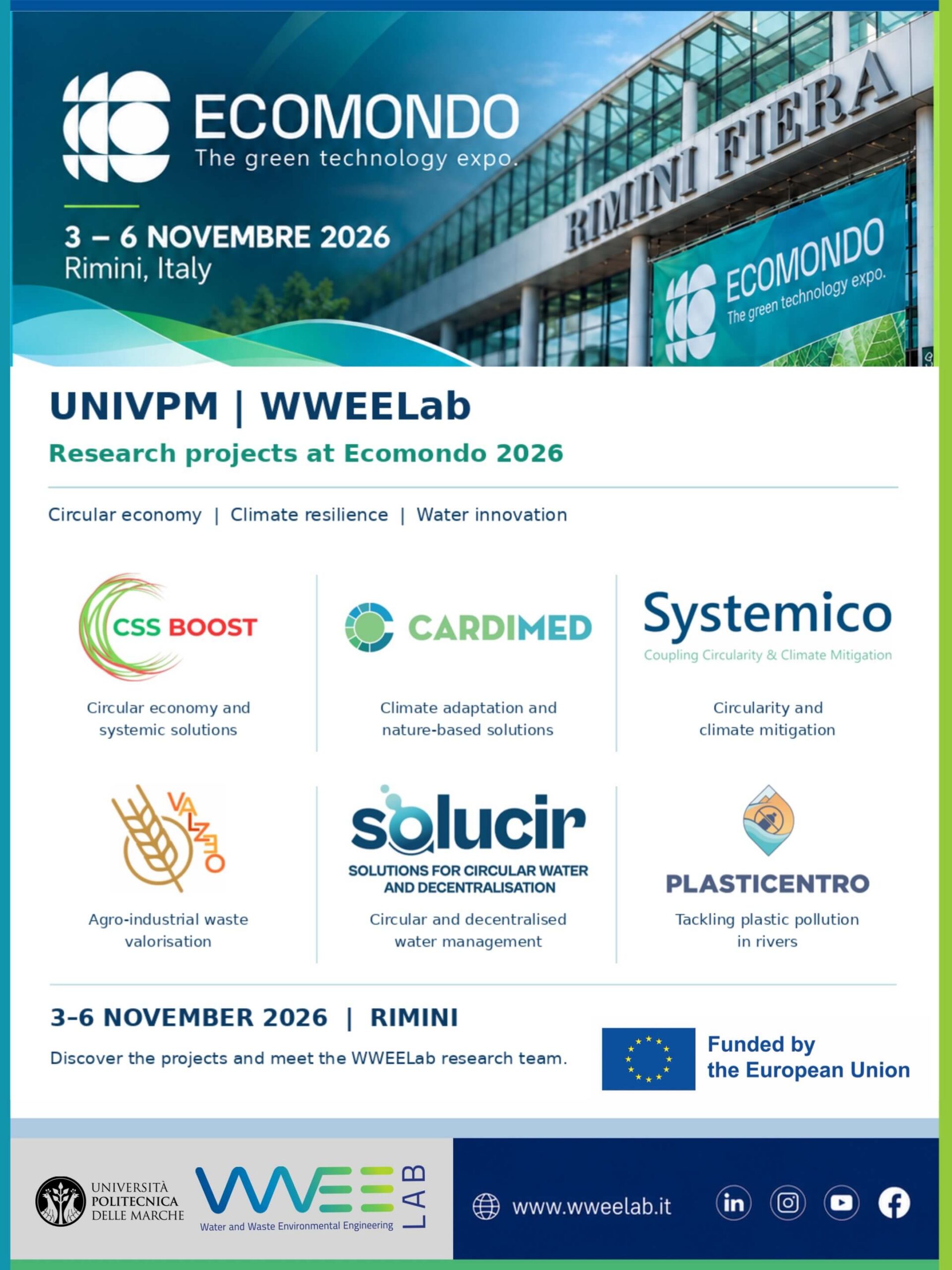 Locandina WWEELab UNIVPM per Ecomondo 2026 con i loghi dei sei progetti di ricerca presentati a Rimini