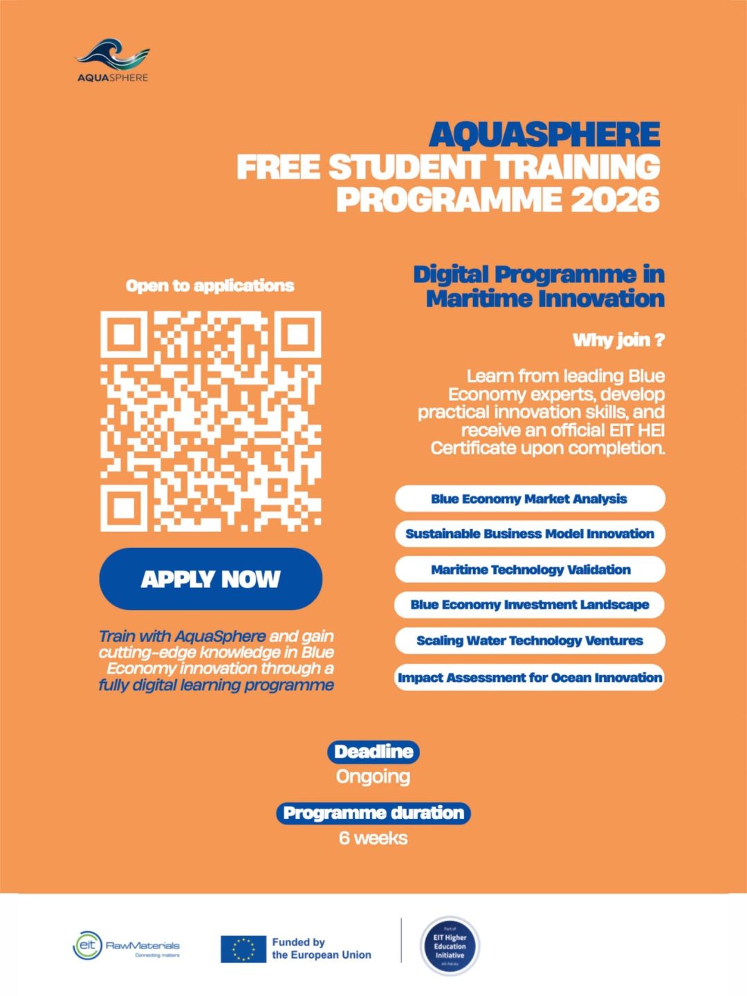 AquaSphere Student Training Programme dedicato alla Blue Economy, alla gestione sostenibile delle risorse idriche e all'innovazione marittima.