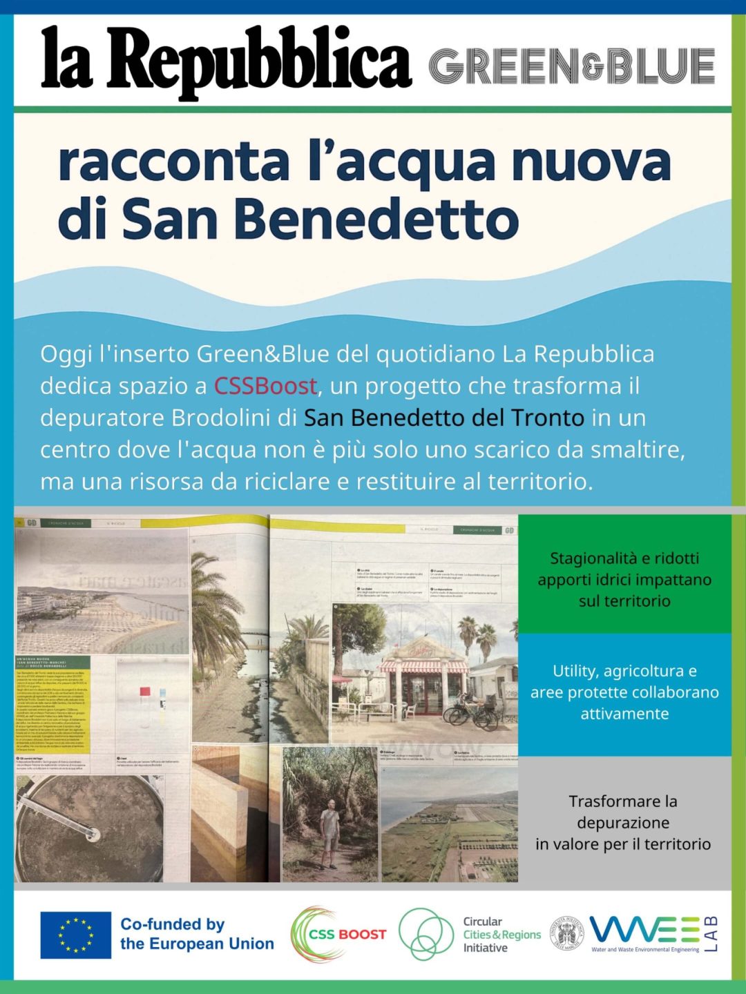 Progetto CSSBoost del WWEELab UNIVPM raccontato su Green&Blue di la Repubblica: riuso delle acque reflue, recupero nutrienti e ripristino ecosistemi a San Benedetto del Tronto.