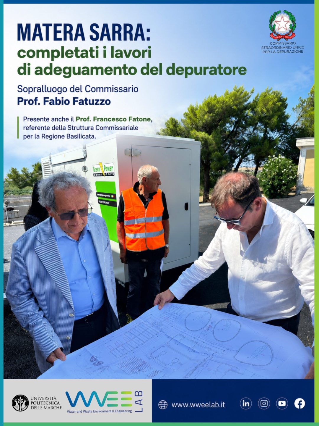 Il Prof. Fabio Fatuzzo e il Prof. Francesco Fatone durante il sopralluogo presso l'impianto di depurazione di Matera Sarra al termine dei lavori di adeguamento.