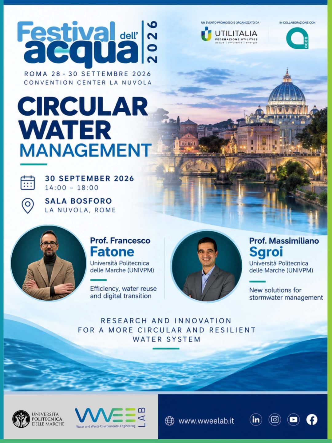 UNIVPM al Festival dell’Acqua 2026 con Francesco Fatone e Massimiliano Sgroi per la gestione circolare delle risorse idriche