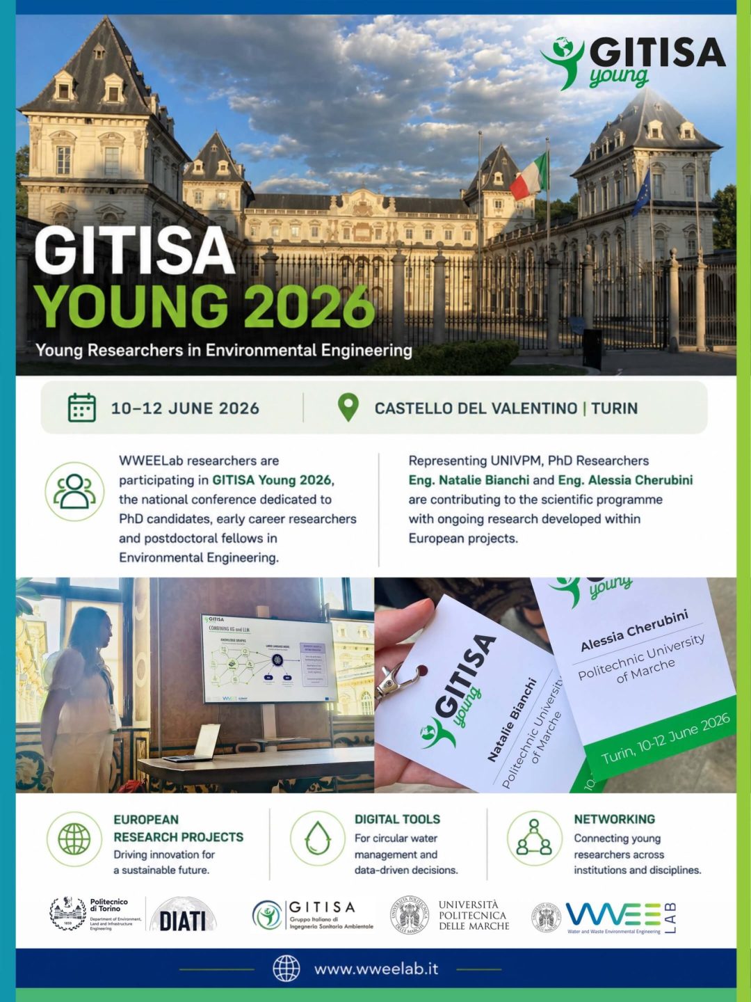 PhD Researchers WWEELab Natalie Bianchi e Alessia Cherubini partecipano a GITISA Young 2026 presso il Castello del Valentino di Torino.