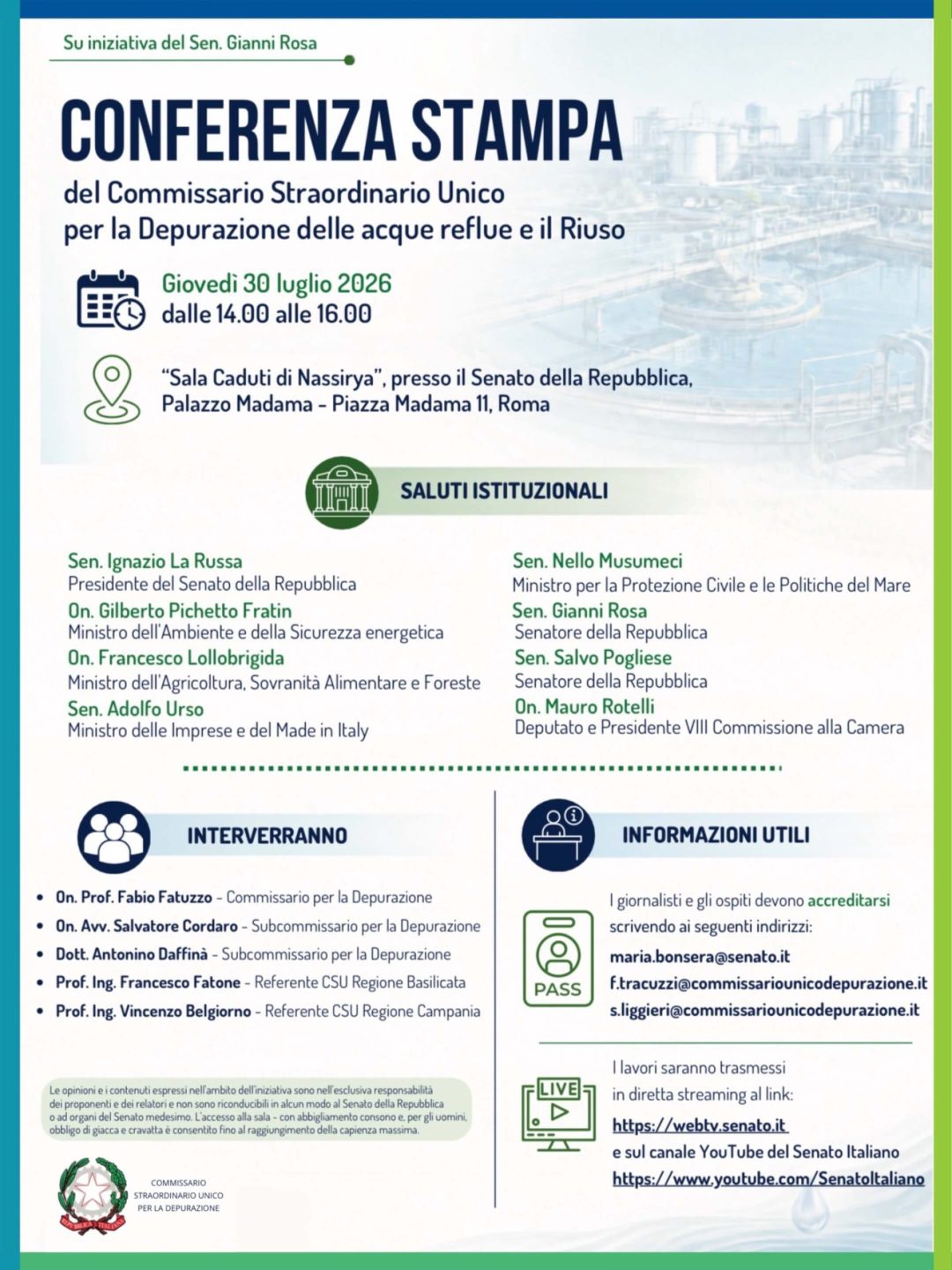 Locandina ufficiale della Conferenza Stampa del Commissario Straordinario Unico per la Depurazione e il Riuso delle Acque Reflue, in programma il 30 luglio 2026 presso il Senato della Repubblica con l'intervento del Prof. Francesco Fatone dell'Università Politecnica delle Marche.
