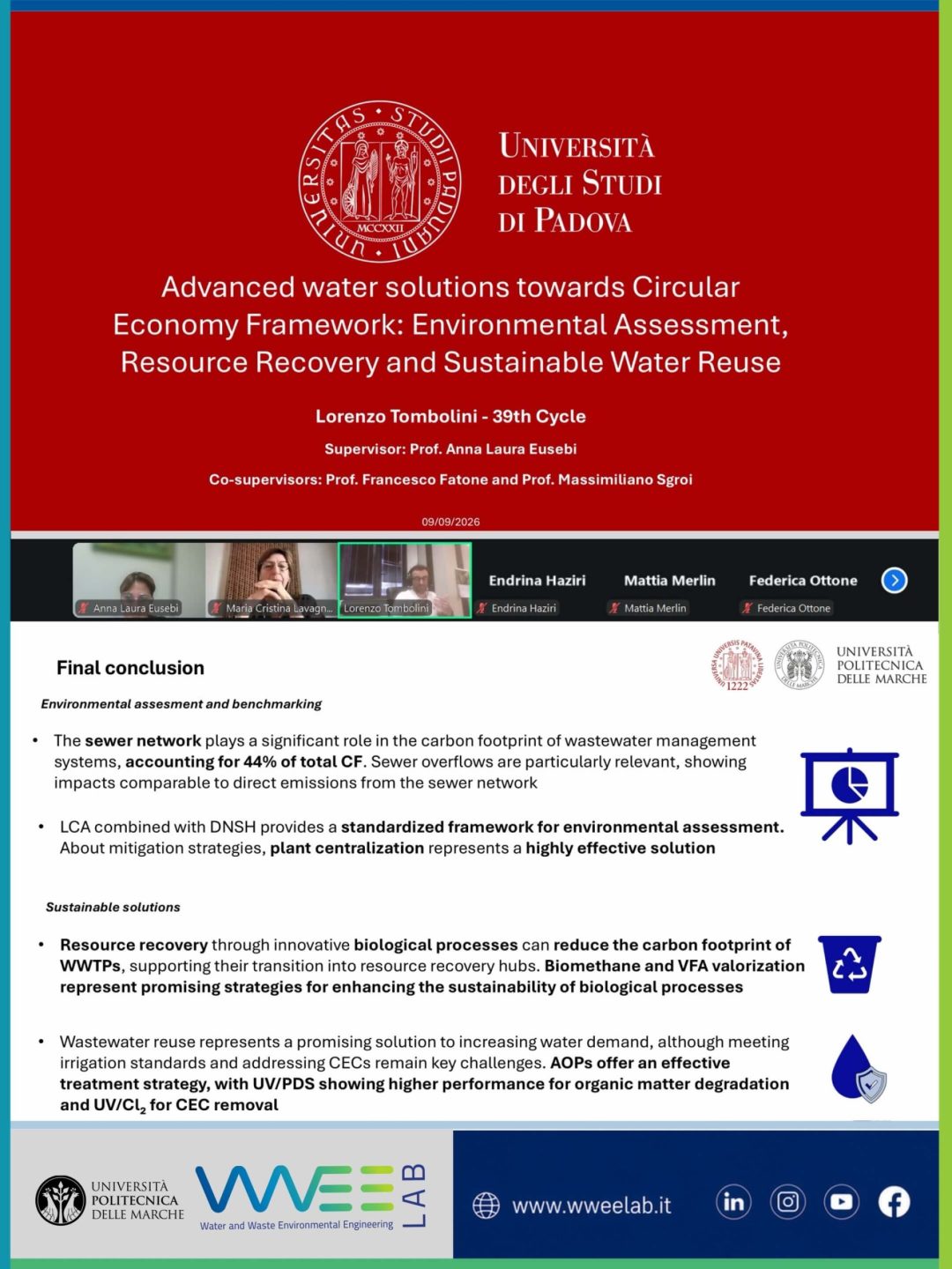 Lorenzo Tombolini durante la presentazione delle attività di ricerca del PhD in Circular Economy presso UNIVPM e WWEELab