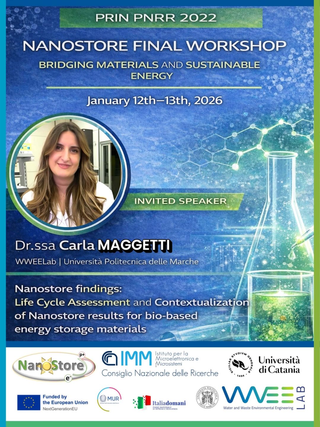 Dr.ssa Carla Magetti del gruppo WWEELab presenta i risultati Nanostore sulla Life Cycle Assessment dei materiali per l’energy storage al Final Workshop PRIN PNRR 2022