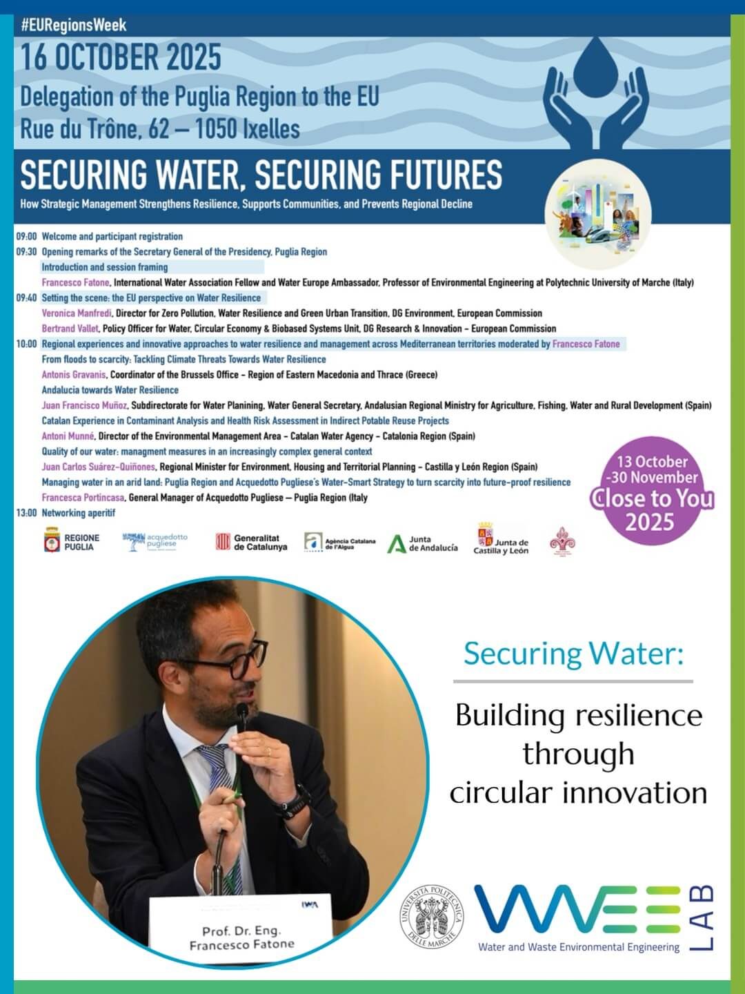 Prof. Francesco Fatone partecipa alla EU Regions Week 2025 a Bruxelles, sessione “Securing Water: Building Resilience through Circular Innovation”
