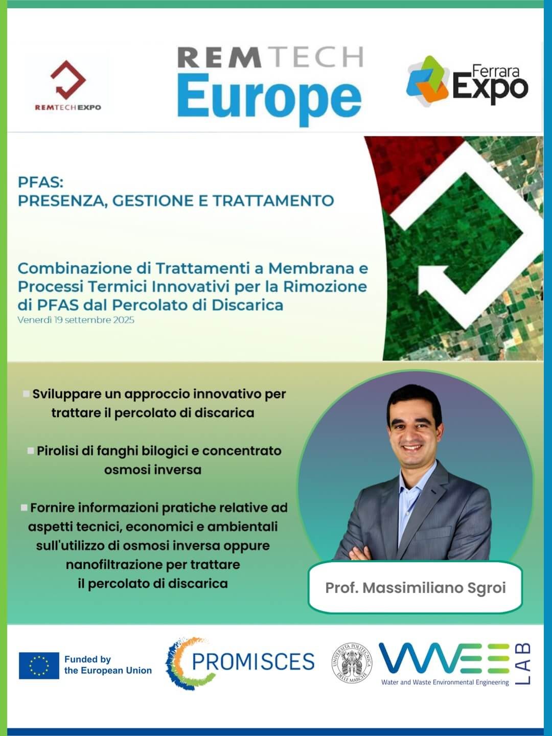 Foto del Prof. Massimiliano Sgroi dell’Università Politecnica delle Marche (WWEELab) durante la sua presentazione a RemTech Europe 2025 sulla rimozione dei PFAS dal percolato di discarica
