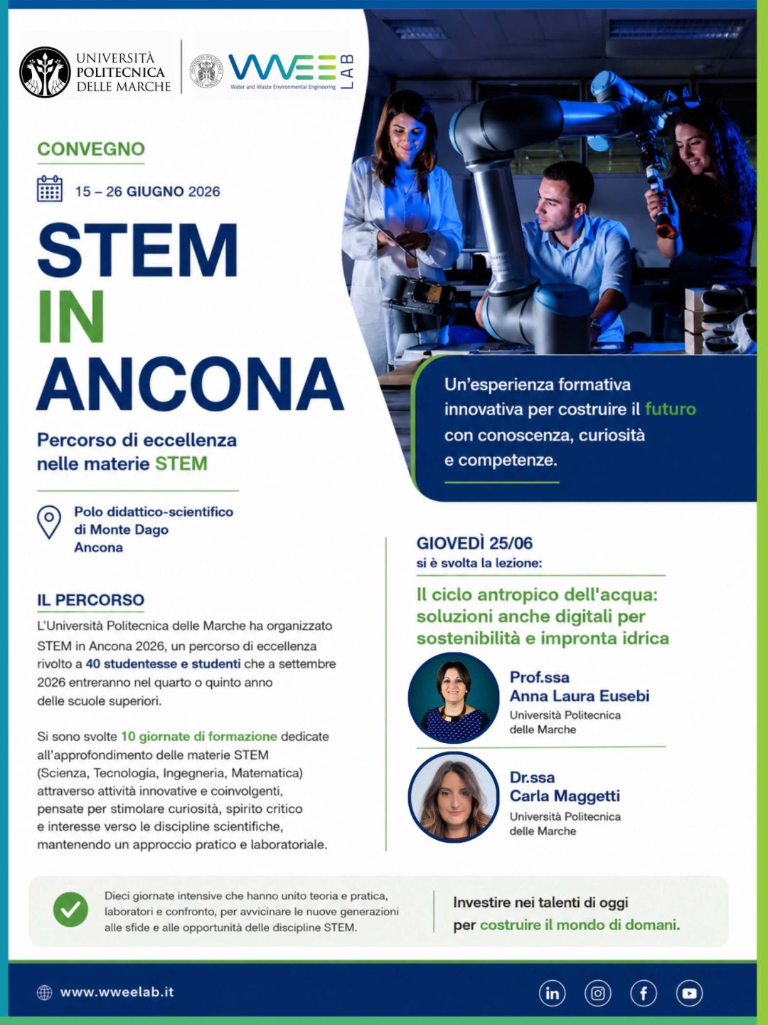 La Prof.ssa Anna Laura Eusebi e la Dr.ssa Carla Maggetti del WWEELab durante l'iniziativa STEM in Ancona 2026 dedicata alla gestione sostenibile dell'acqua e alle soluzioni digitali per l'ingegneria ambientale.