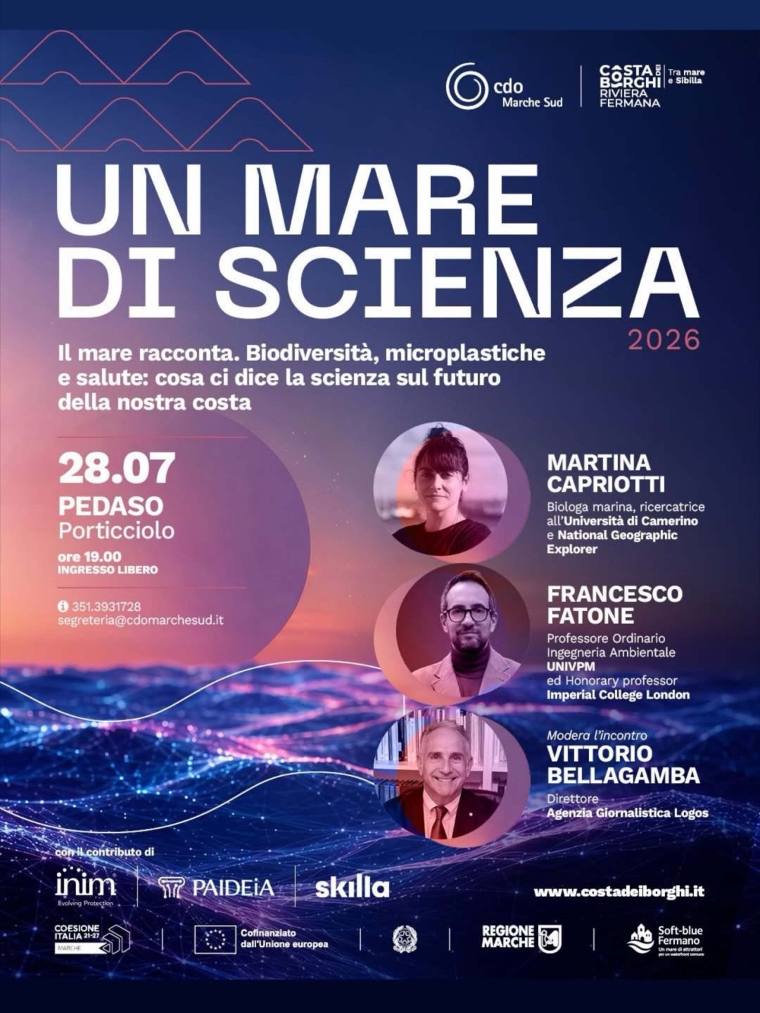 Locandina dell'evento Un Mare di Scienza 2026 con il Prof. Francesco Fatone tra i relatori sul tema biodiversità, microplastiche e salute del mare.