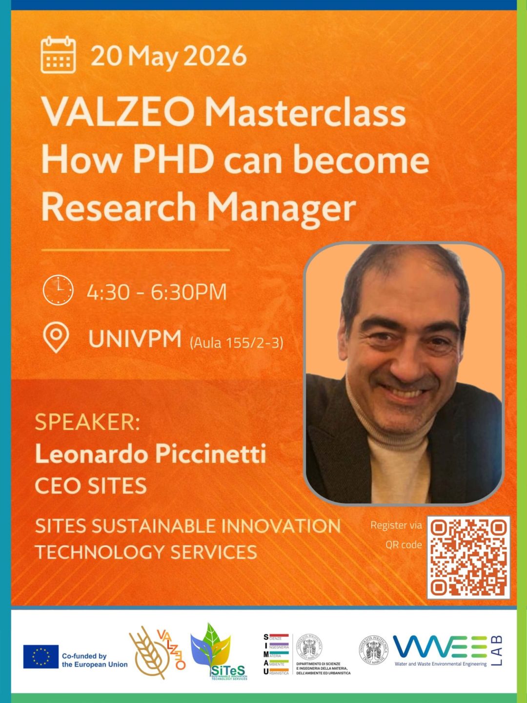 Locandina VALZEO Masterclass a UNIVPM su come trasformare un PhD in una carriera nel Research Management con speaker Leonardo Piccinetti