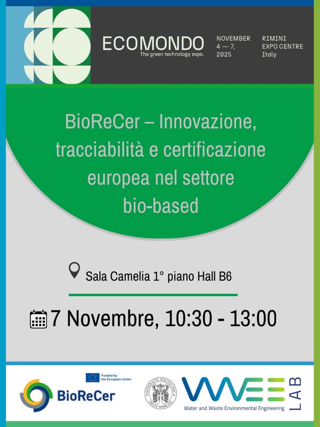 Elisa Blumenthal e Francesco Fatone durante la sessione BioReCer a Ecomondo 2025 dedicata alla tracciabilità e sostenibilità nel settore bio-based.
