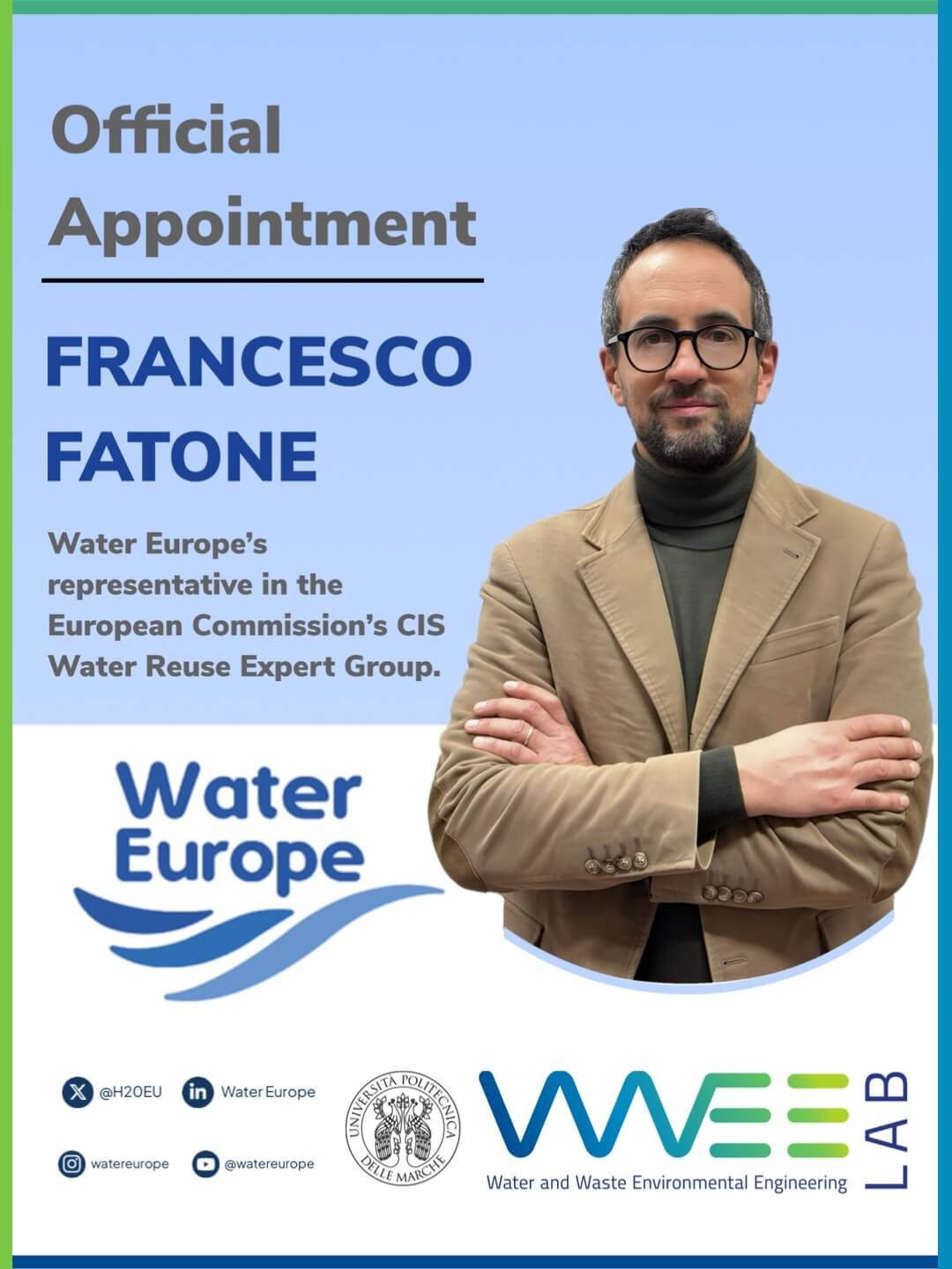 Foto del Prof. Francesco Fatone, coordinatore del WWEELab UNIVPM, nominato rappresentante ufficiale di Water Europe