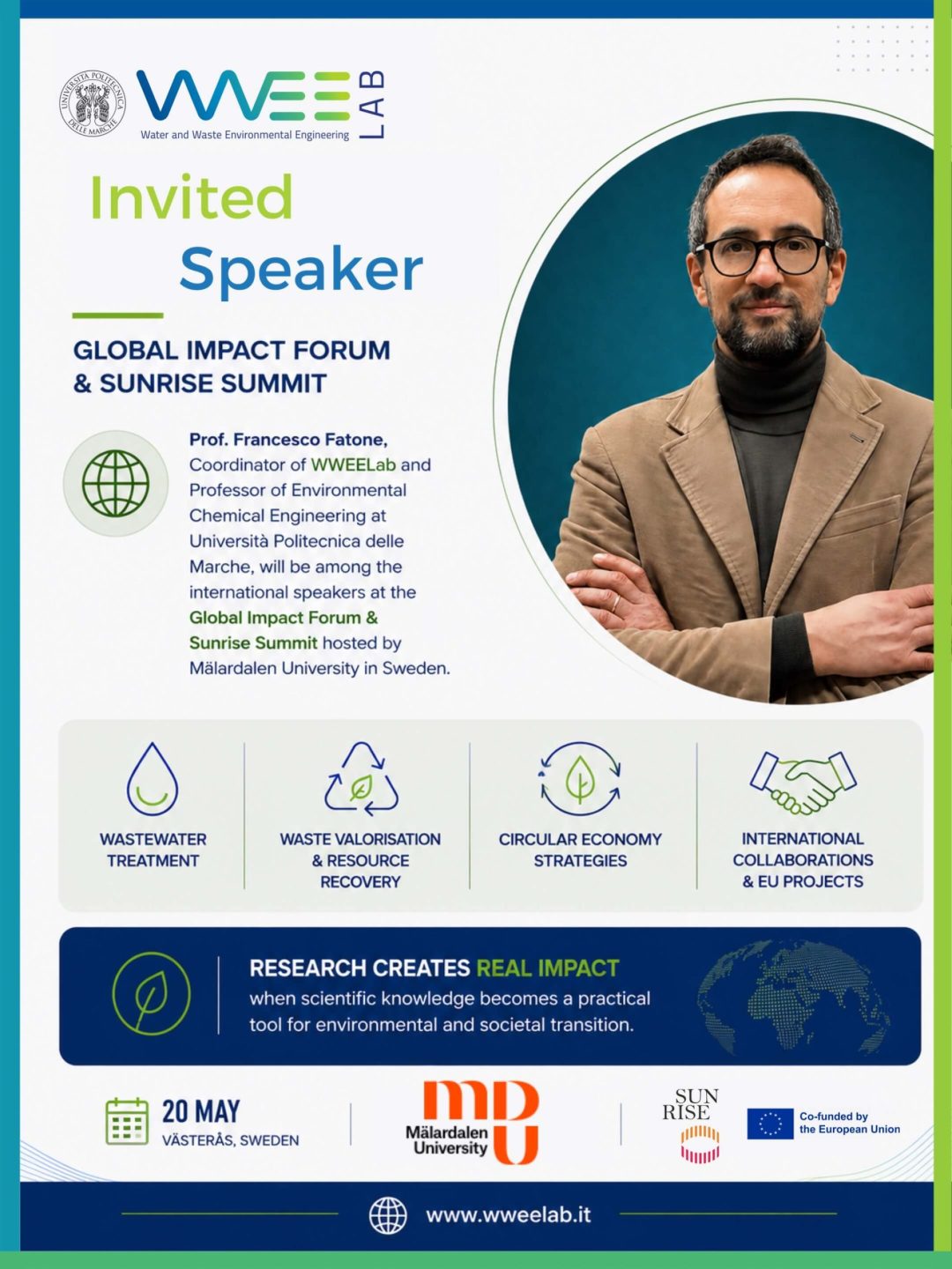 Infografica WWEELab dedicata alla partecipazione del Prof. Francesco Fatone come invited speaker al Global Impact Forum & Sunrise Summit presso la Mälardalen University in Svezia.