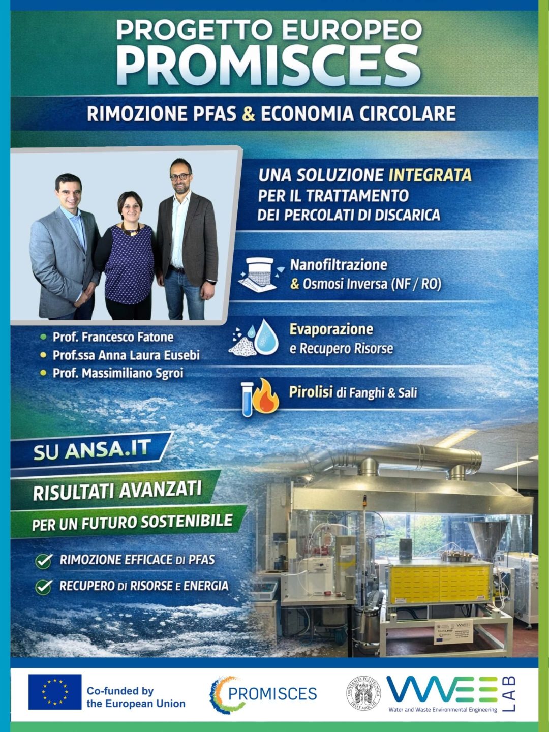 Impianto pilota del progetto europeo PROMISCES citato da ANSA per la rimozione dei PFAS dai percolati di discarica e il recupero di risorse, sviluppato dal WWEELab dell’Università Politecnica delle Marche.