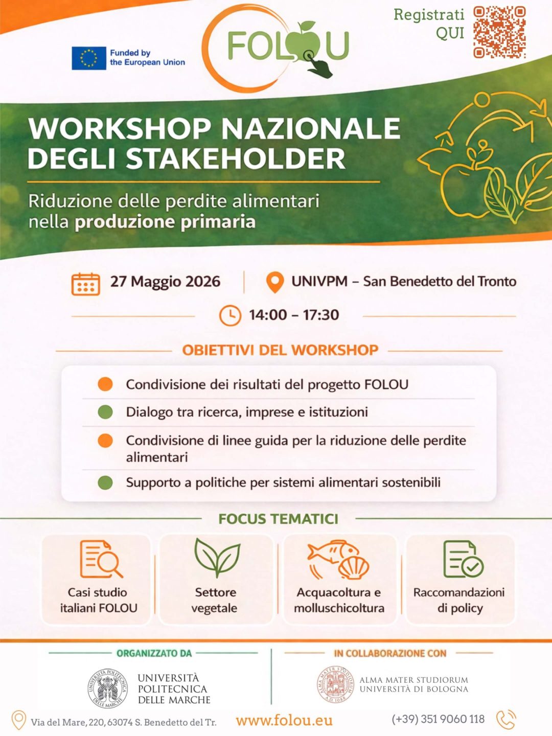 Locandina Workshop Nazionale Stakeholder FOLOU UNIVPM 27 maggio 2026 San Benedetto del Tronto